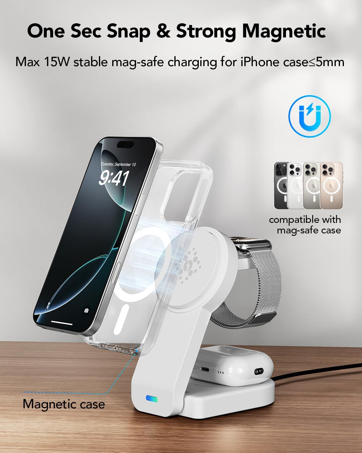 Foldable Magnetic Wireless Charger Compatible with Apple Devices,3 in 1 Wireless Charging Station for Iphone 17/16/15/14,Apple Watch Ultra 3/Ultra/Seires 11/10/9/8/7/6/Se,Air-Pods Pro 3/4/3/Pro(White) image number 3