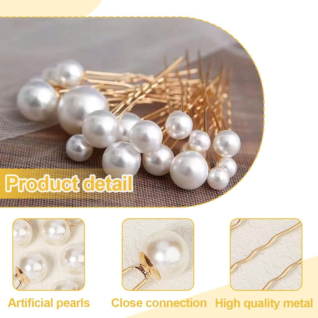 Weddhuis 8 Pieces Hair Pins with Beads, U Shaped Hair Accessories, Pearl Hair Pins for Bride, Wedding, Prom, Party, Girls, Bridesmaid (4 Sizes) (Gold) image number 2