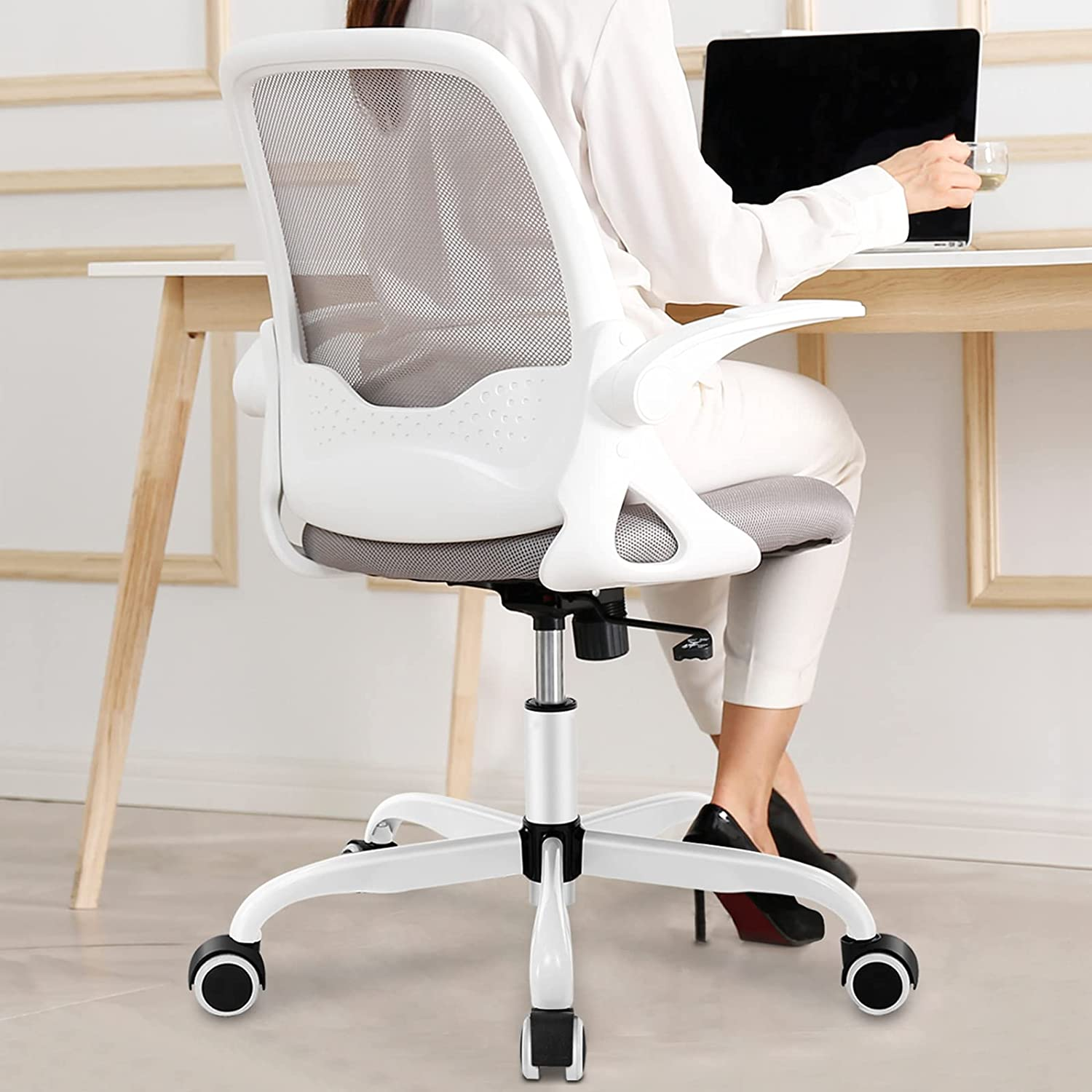 KERDOM Office Chair, Ergonomic Desk Chair, Breathable Mesh Computer Chair, Comfy Swivel Task Chair with Flip-Up Armrests and Adjustable Height (Kd933-C-Grey) image number 5