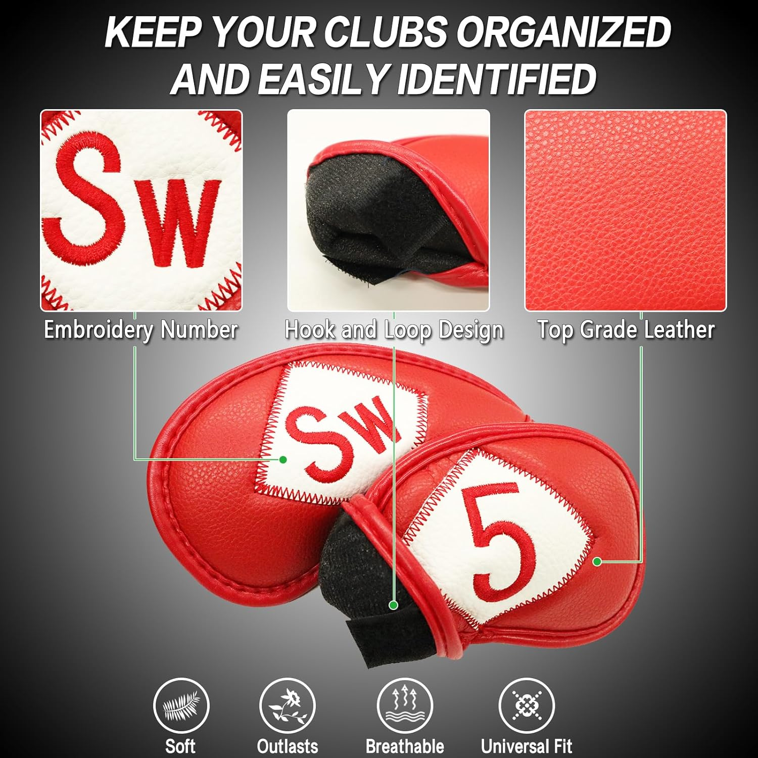 Golf Head Covers Iron Set 12 Piece 3 4 5 6 7 8 9 Lw Pw Sw Aw for Both Left and Right Handed, Leather Irons Club Headcovers Deluxe Color Black Blue Red Universal Fit All Brands - 1 Side-Purple image number 3