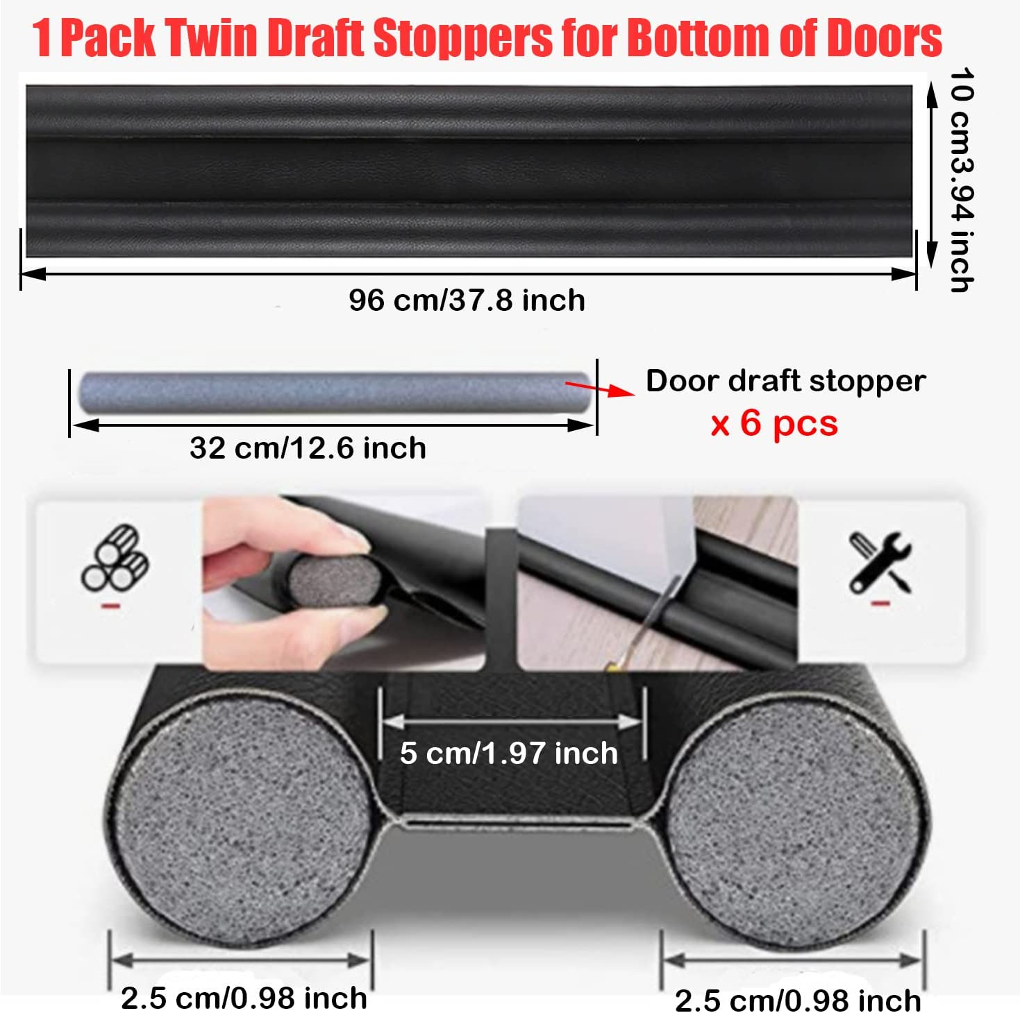Twin Draft Stoppers for Bottom of Doors, Windproof Dustproof Mosquito-Proof under Door Draft Stopper, Door Draft Blocker Reduction Windshield Energy Saving under Door Seal Strip(White) - Black image number 7