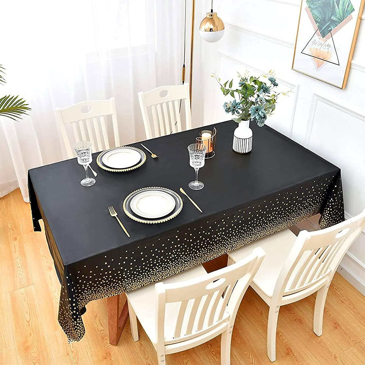 8 Packaging Black and Gold Plastic Tablecloth, 54 Inch X108 Inch Rectangular Disposable Dot Party Table Cover, Suitable for Birthday, Graduation, Restaurant, Wedding Decoration Tablecloth image number 4