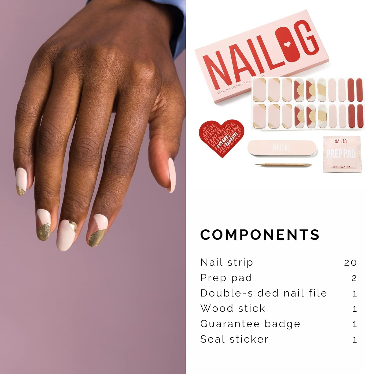 NAILOG Semi Cured Gel Nail Strips (20 Extra Long Nail Stickers) | Glossy & Long Lasting Soft Gel Finish Nail Wrap| Belle Epoque image number 2