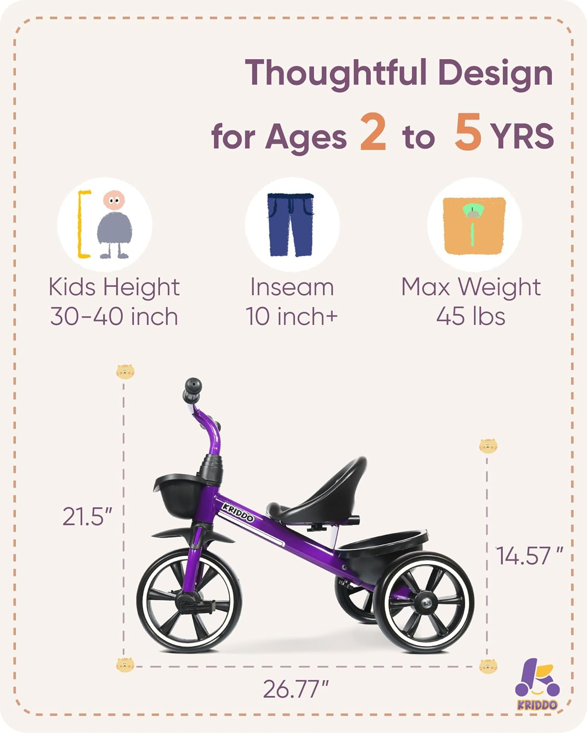 KRIDDO Kids Tricycles Age 24 Month to 4 Years, Toddler Kids Trike for 2.5 to 5 Year Old, Gift Toddler Tricycles for 2-4 Year Olds, Trikes for Toddlers, Purple image number 4