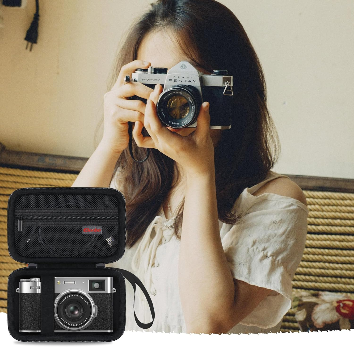 Elonbo Carrying Case for Fujifilm X100V/ X100VI/ X100F/ X100S Digital Camera, Compact Digital Camera Travel Storage Bag, Extra Mesh Pocket Fits Charging Cables Battery SD Card and Accessories, Black - Pink image number 3