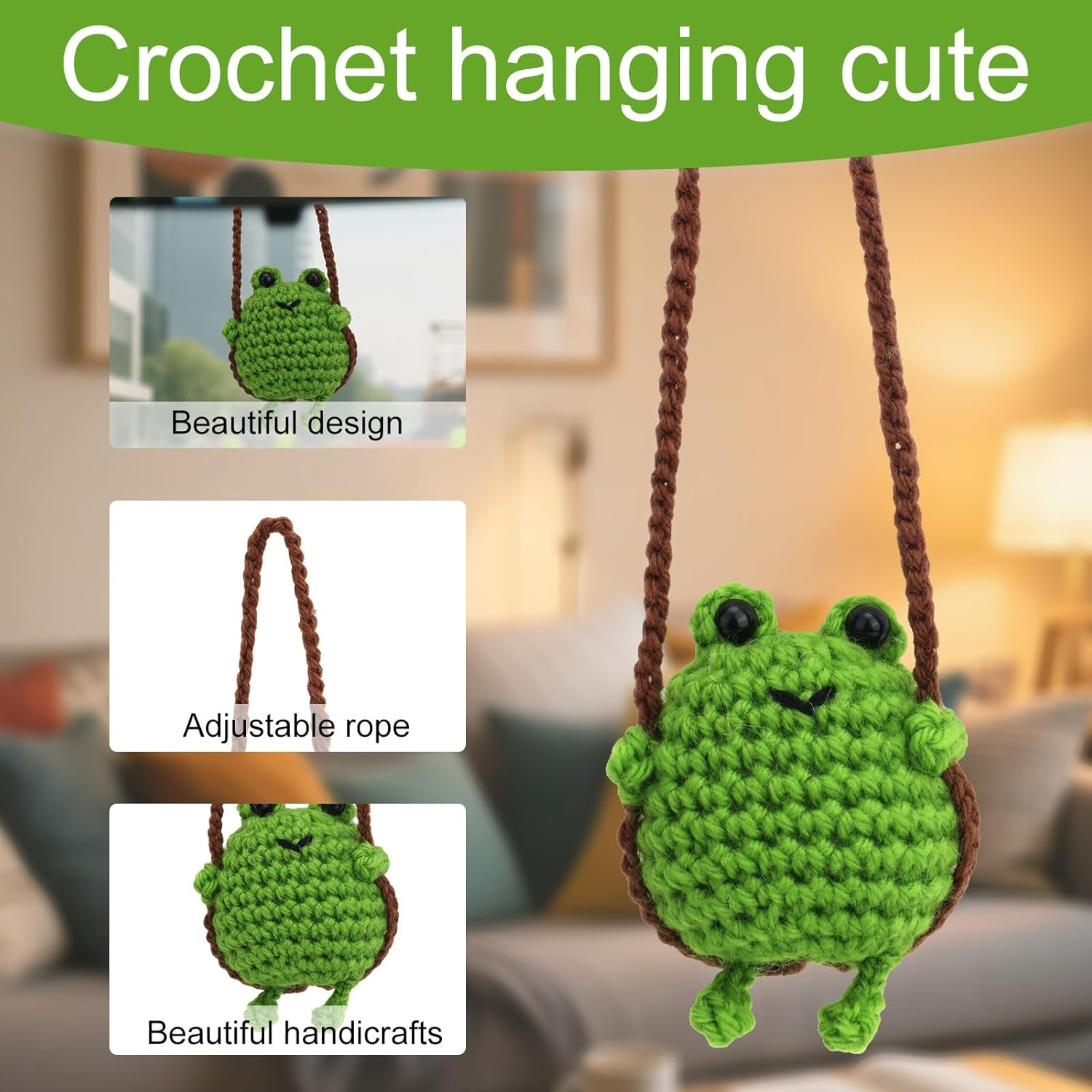 Crochet Frog Car Mirror Hanging Accessories, Handmade Swinging Frog Car Hanging Ornaments Aesthetic Cute Knitted Decorations for Rearview Mirror Travel Home Office image number 1