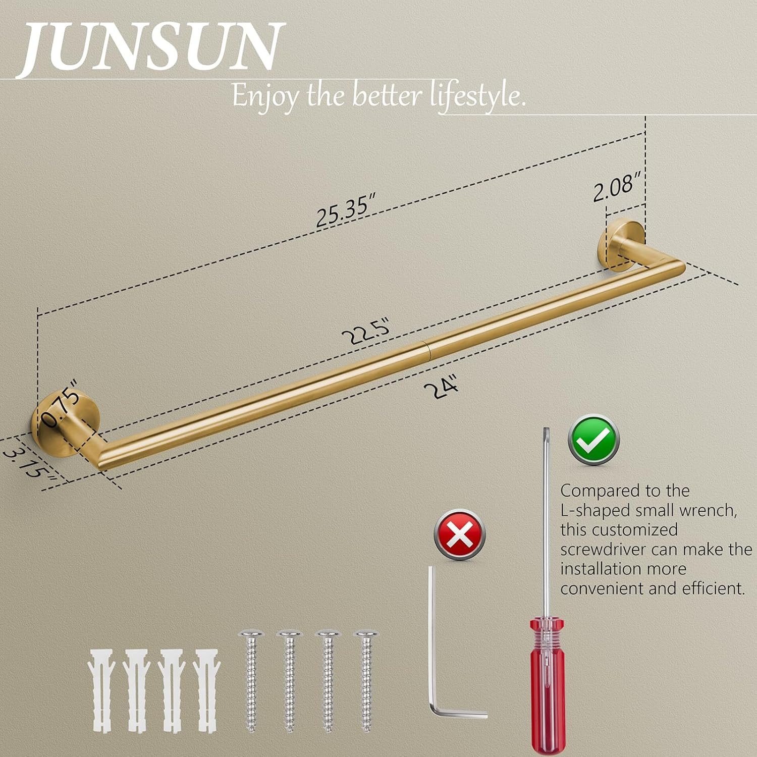 Bathroom Towel Bar 24 Inch Towel Rack Wall Mount Bath Towel Holder Modern Towel Rod Gold Bath Towel Hanger Stainless Steel Brushed Brass Bathroom Accessories Towel Rail Single Towel Bars Brushed Gold image number 5