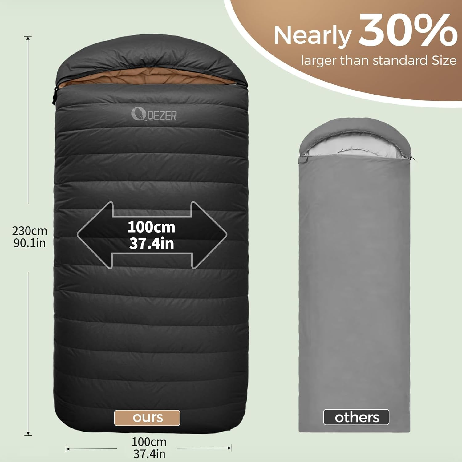 QEZER XXL Winter down Sleeping Bag 0 Degree - 230X100Cm Extra-Wide Alpine Design, 800G Fill with Vertical Baffles to Prevent down Shifting - Green image number 6