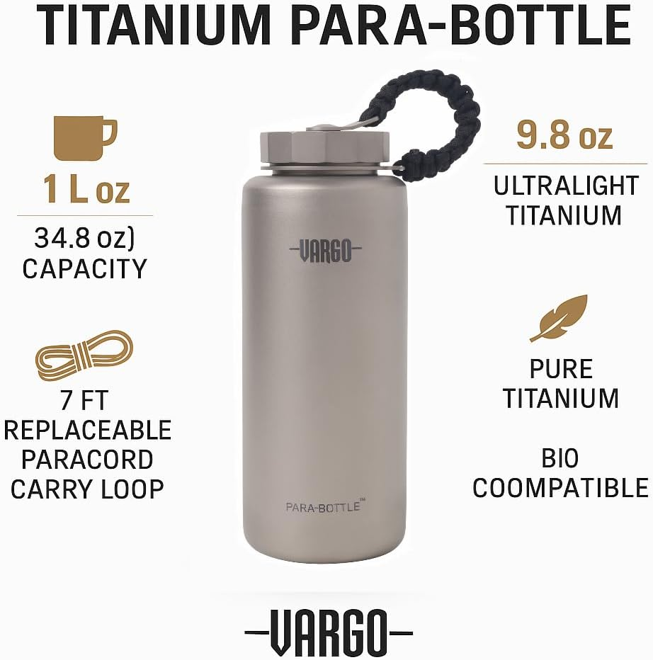 Vargo Titanium Para-Bottle | 1 Liter (34 Oz.) Ultralight Titanium Water Bottle with 7 Feet of Replaceable 550 Paracord - 100% Biocompatible for Fresh Tasting Water &ndash; Model T-452 image number 5