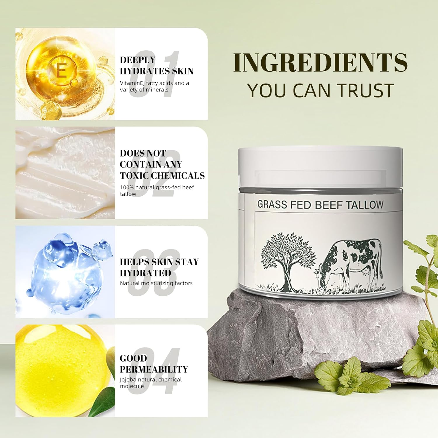 Beef Tallow for Skin, Grass Fed Beef Tallow Grass Finished Organic Tallow Face Moisturizer, Beef Tallow, Beef Tallow Balm Whipped Tallow Face Cream Moisturizer for Body Lotion Skin Care (1.7OZ) image number 6