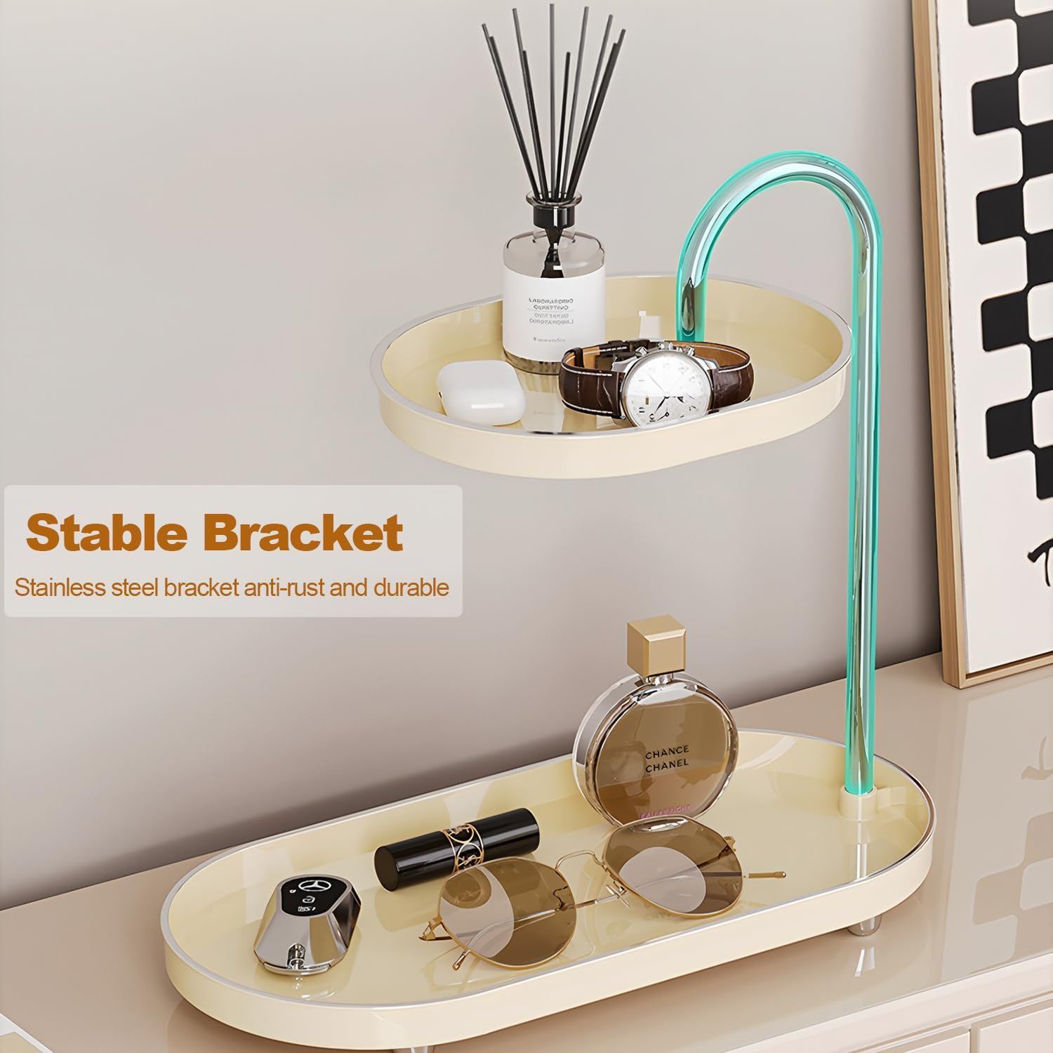 Makeup Perfume Storage Box,Spinning Skincare Cosmetic Organiser 2 Tier Large Beauty Spinny Make up Storage Organiser Shelf for Perfume, Jewellery, Dresser, Vanity, Bedroom, Bathroom (Cream White) - Black image number 7