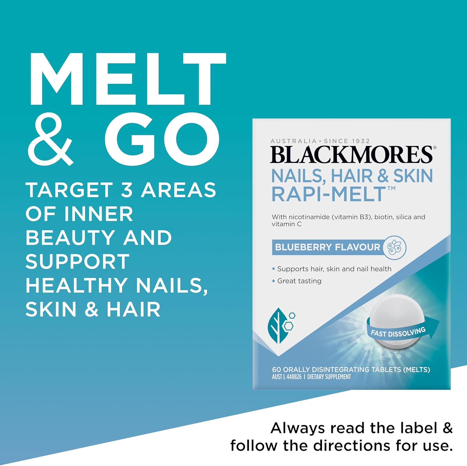Blackmores Nails, Hair & Skin Rapi-Melt | Supports Hair, Skin & Nail Health | Formulated with Nicotinamide (B3), Biotin, Silica and Vitamin C | Blueberry Flavour | 60 Melts