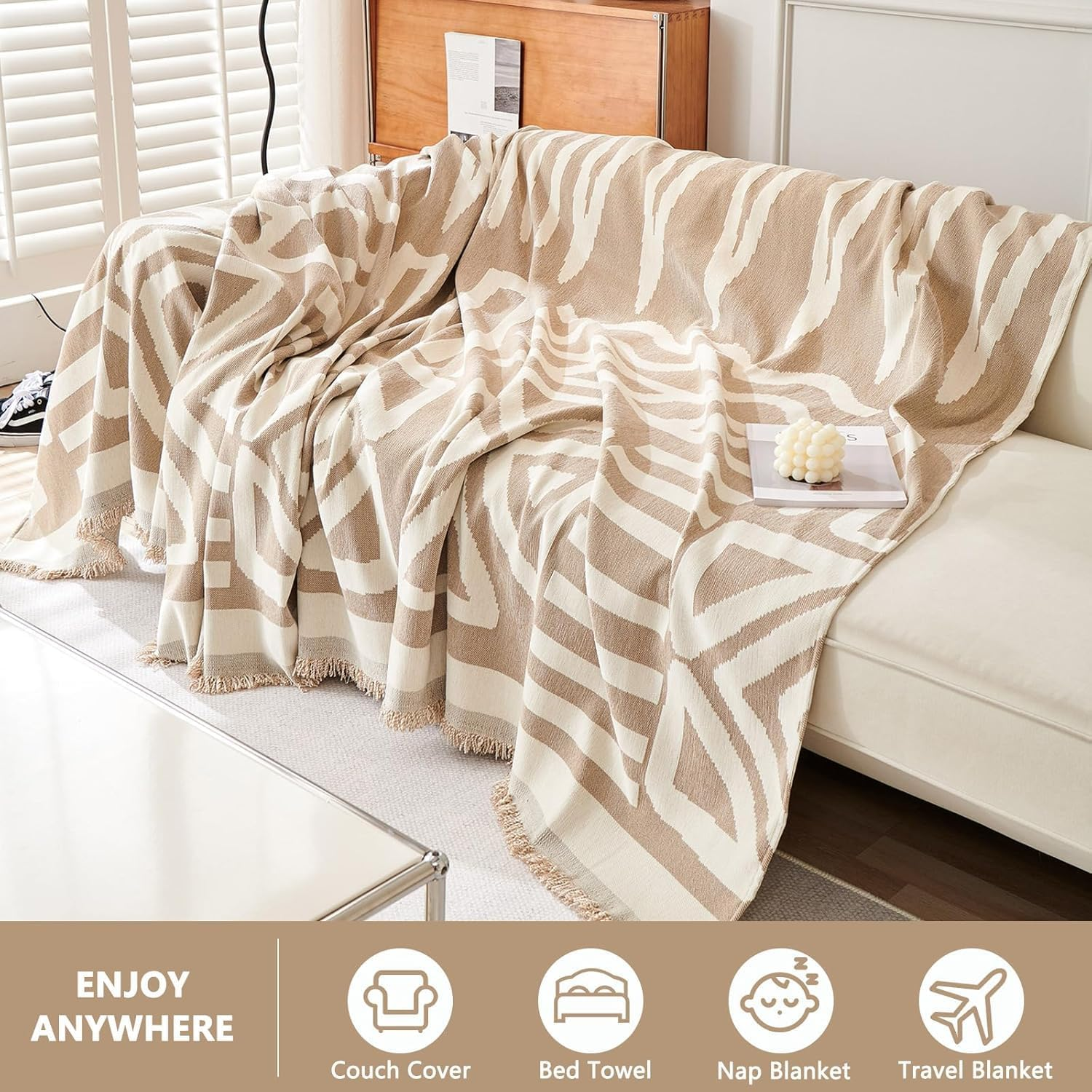 Double Sided Chenille, Soft Sofa Cover Towel, Couch Slipcovers with Tassels Couch,Stylish Sofa Cover Can Be Used as Sofa Blanket, Shawl, Usable in All Seasons (Beige-White, 180 * 300Cm) - Beige-180*230 image number 6