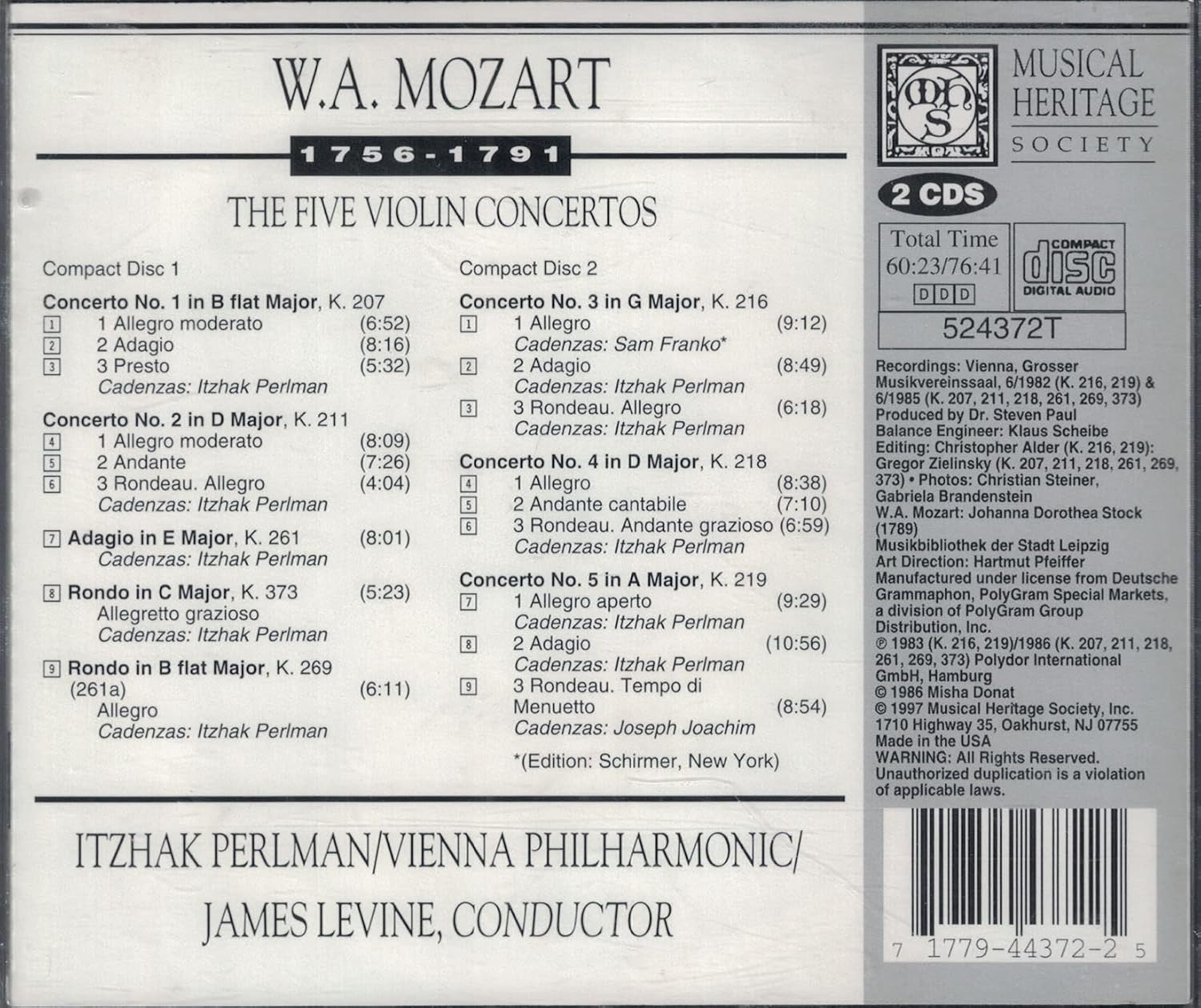 Mozart: the Five Violin Concertos Perlman/Vienna Philharmoniclevine/ (UK Import) image number 1