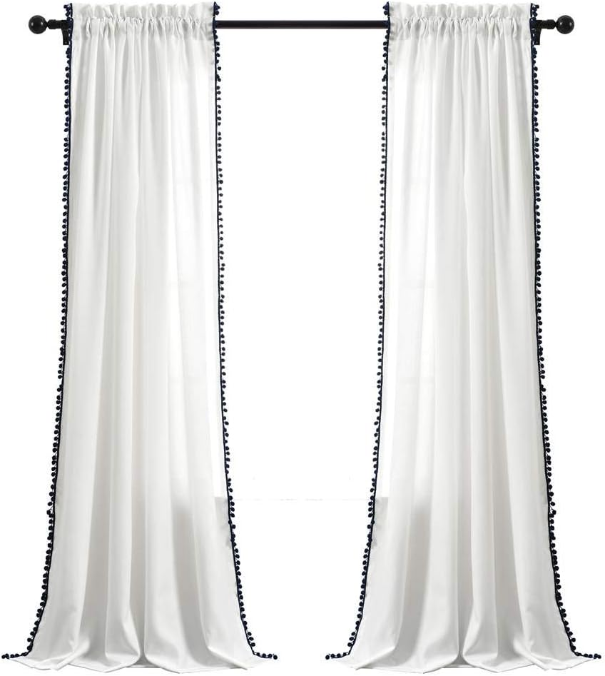 Lush Decor, Gray Pom Curtain | Textured, Solid Color Shabby Chic Style Window Panel for Living, Dining Room, Bedroom (Single), 84&rdquo; X 50 White, 84" X 50" image number 7