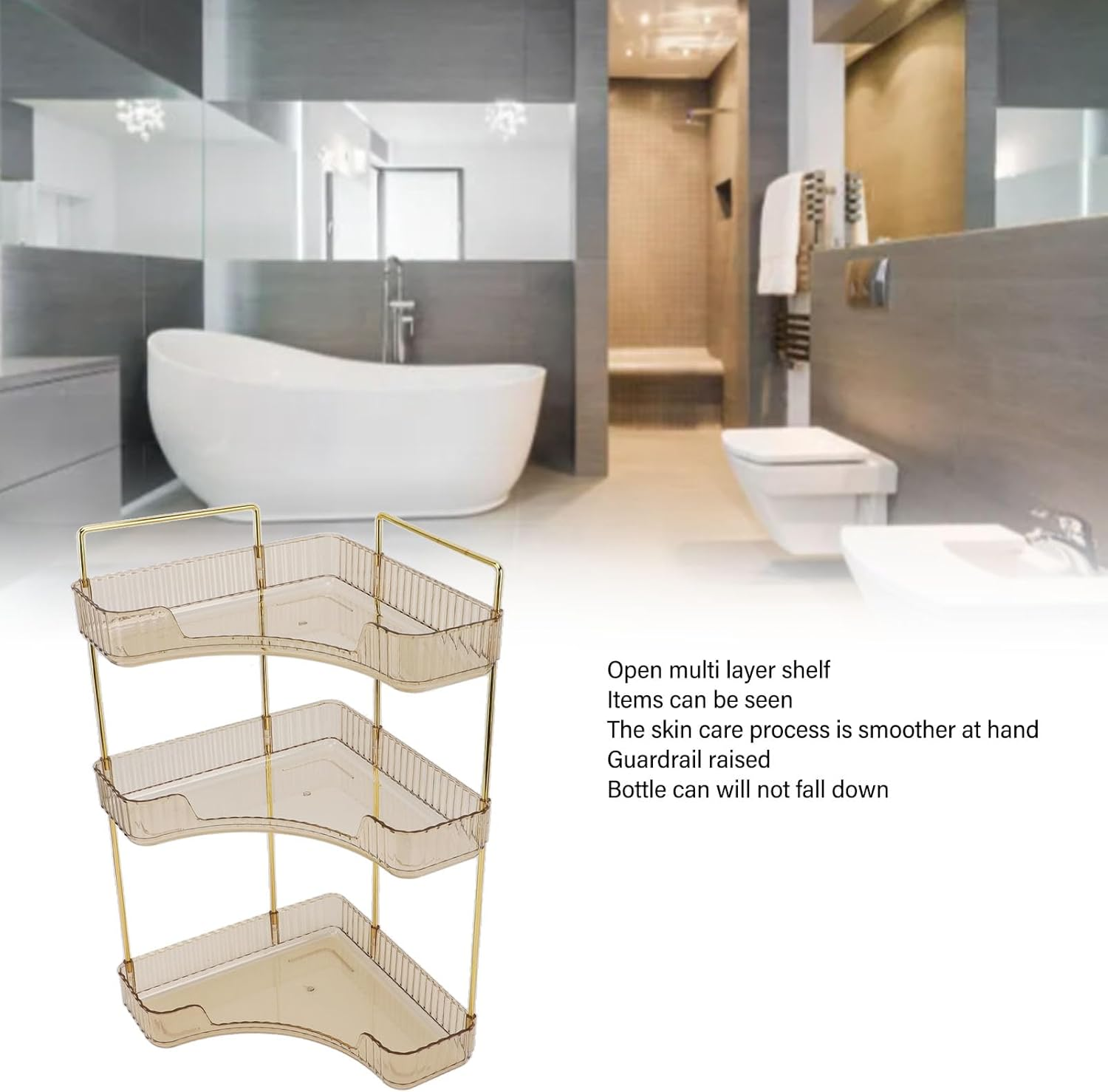 Cryfokt 3 Tier Makeup Shelf Organizer Beautiful Color Coordination Cosmetics Storage Box for Luxury Home Kitchen Bathroom (Amber) image number 4