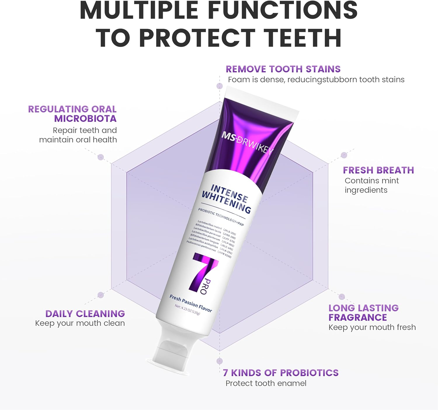 MSDRWIKEY 7Pro Popping Bead Whitening Toothpaste (2Pcs) + SP-6 Cooling Toothpaste (1Pc) &ndash; 3-Pack Powerful Whitening & Long-Lasting Fresh Breath with 7 Probiotics for Healthy Oral Care - Blue*2+Purple image number 6