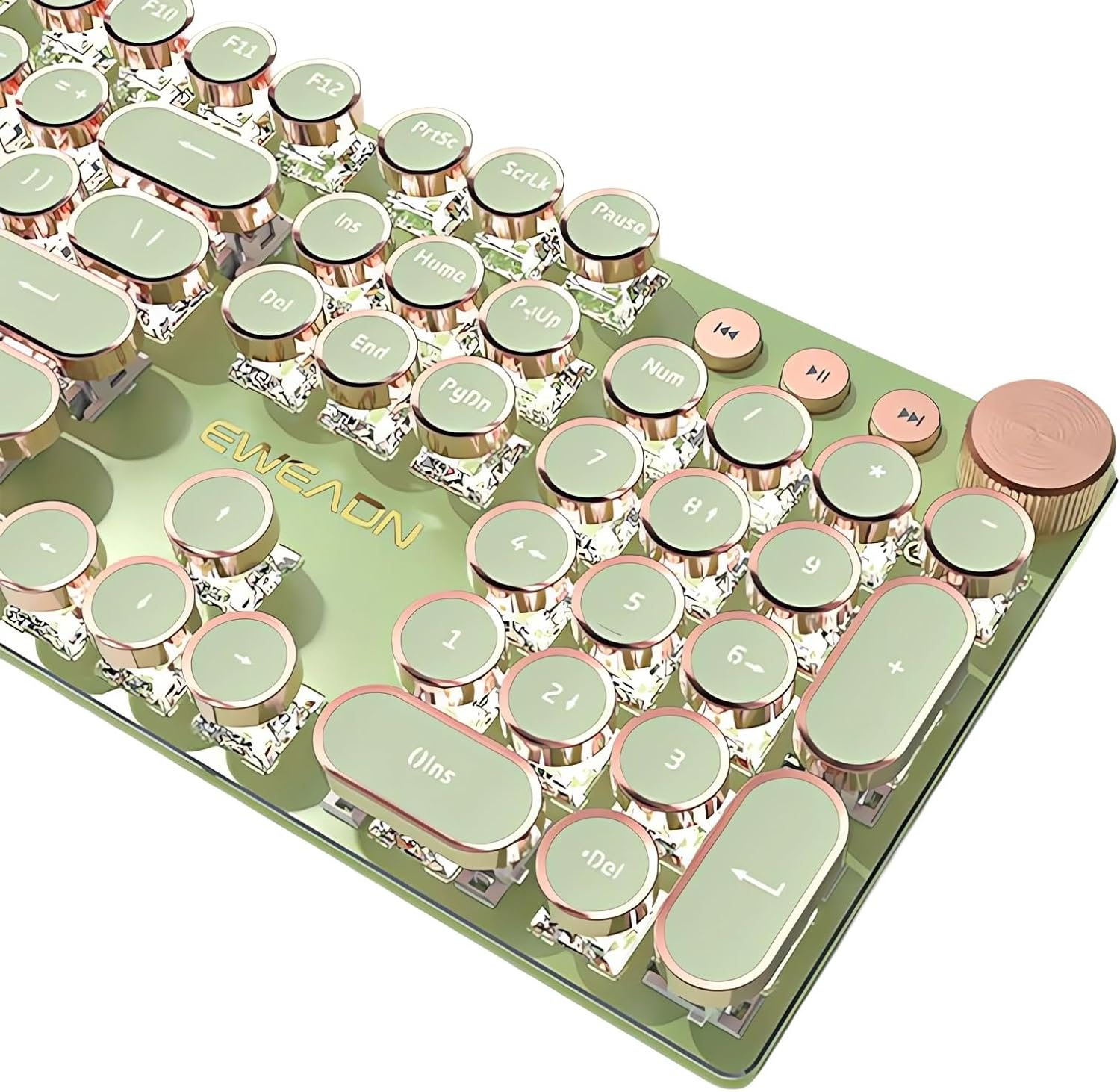 TISHLED Typewriter Style Mechanical Gaming Keyboard White LED Backlit 104-Key NKRO Pink Switches Retro round Keycaps Golden Ring Volume Knob Metal Panel Wired USB-C Detachable Cable, Purple