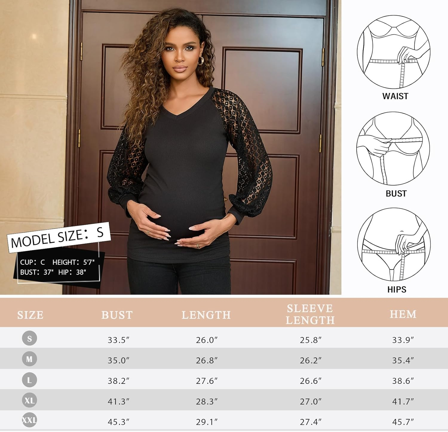 Bhome Womens Maternity Shirts Crochet Lace Long Sleeve V-Neck Pregnancy Tops Casual Tee Blouses image number 4