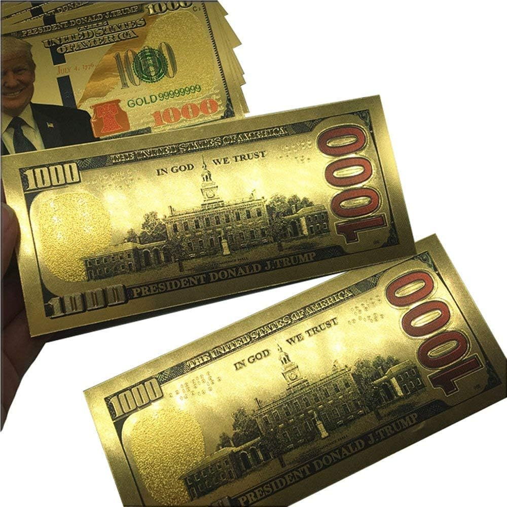 Partyyeah Donald Trump 1000 Dollar Bill Banknote, One Thousand 24K Gold Coated Donald Trump Legacy Limited Edition Million Dollar Bill Great Coin Currency Collectors and Republican (50 Pack)