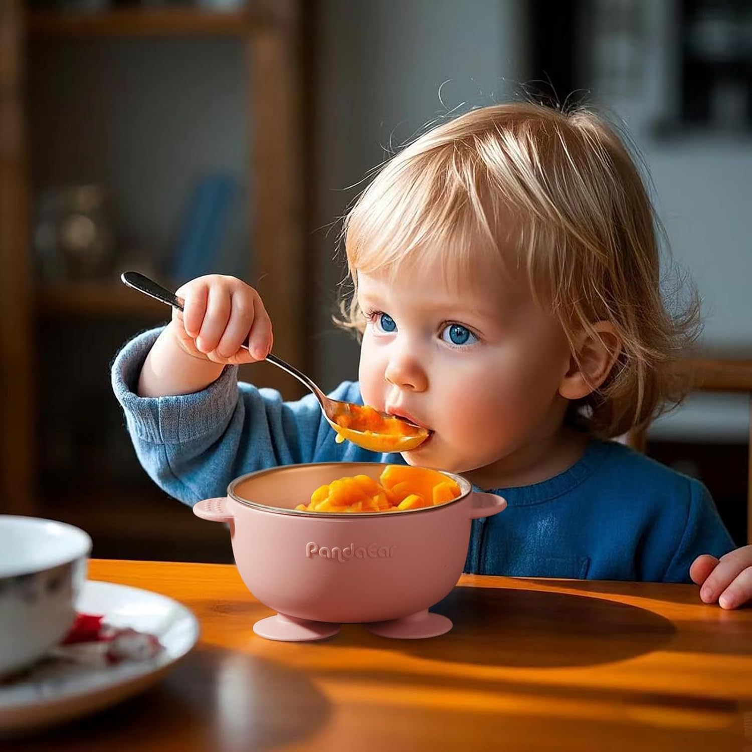 Pandaear 2 Pack Stainless Steel Toddler Bowls with Suction and 2 Spoons 2 Forks, Pink Green image number 5