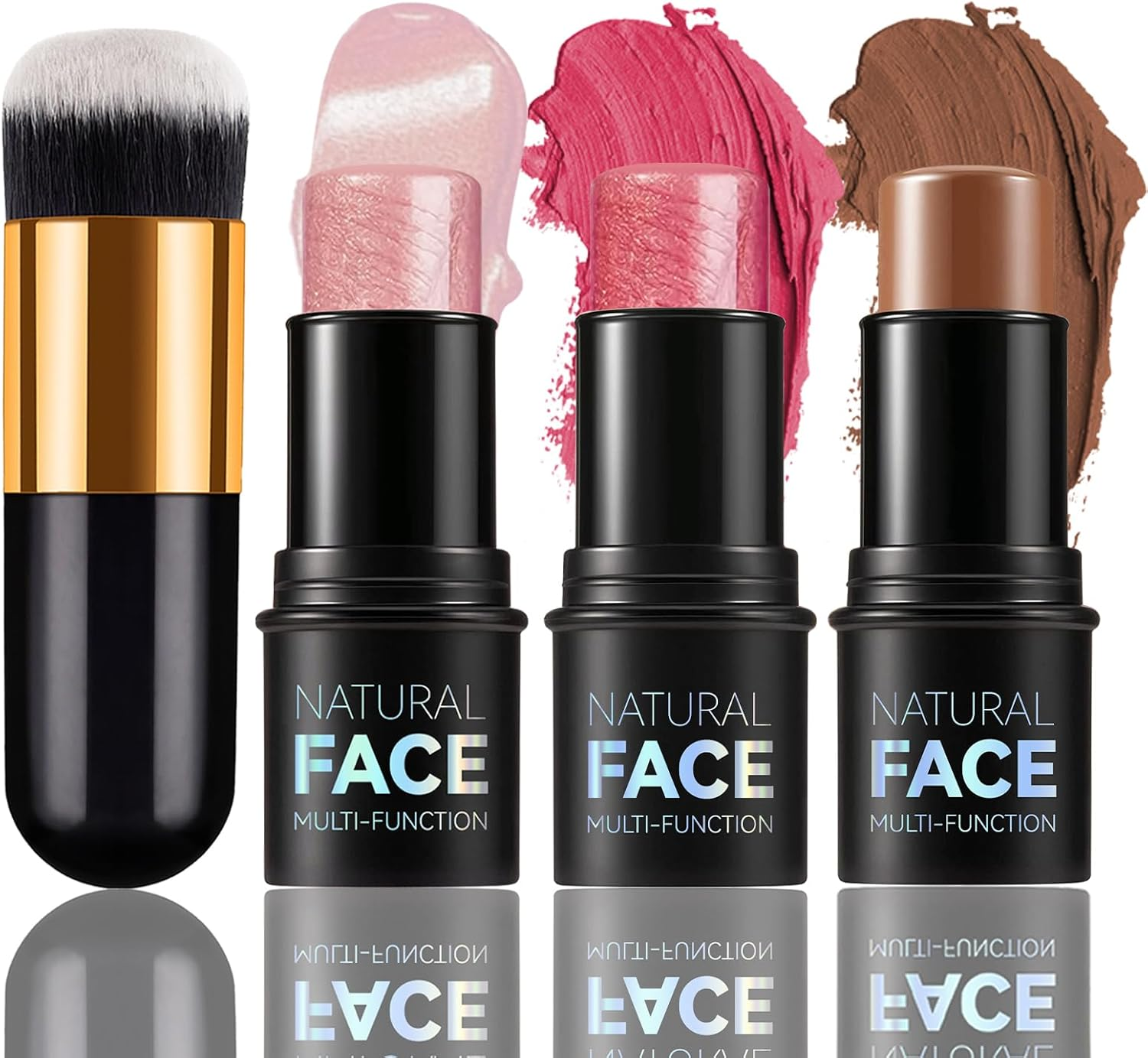 MKNZOME 3 Pcs Cream Contour Sticks, Shades with Highlighter Stick Bronzer Stick Blush Stick for Cheeks, Lips, Highlighter Makeup with Makeup Brush for Sculpt the Cheeks, Long Lasting, Waterproof image number 1