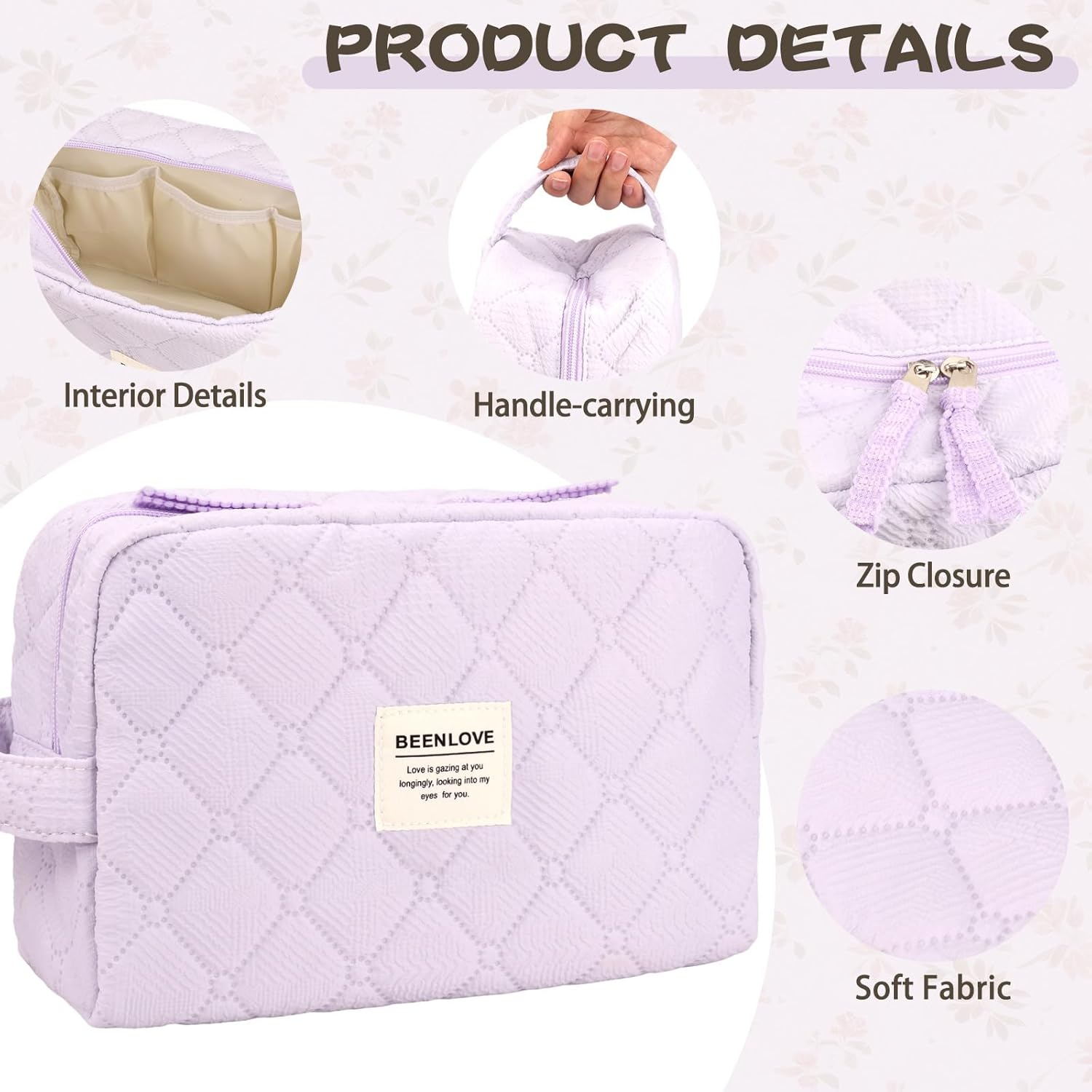 Makeup Bag, Quilted Make up Bag with Handle & Zipper, Lightweight Cosmetic Bag for Women Travel Toiletry Skin Care (Purple)