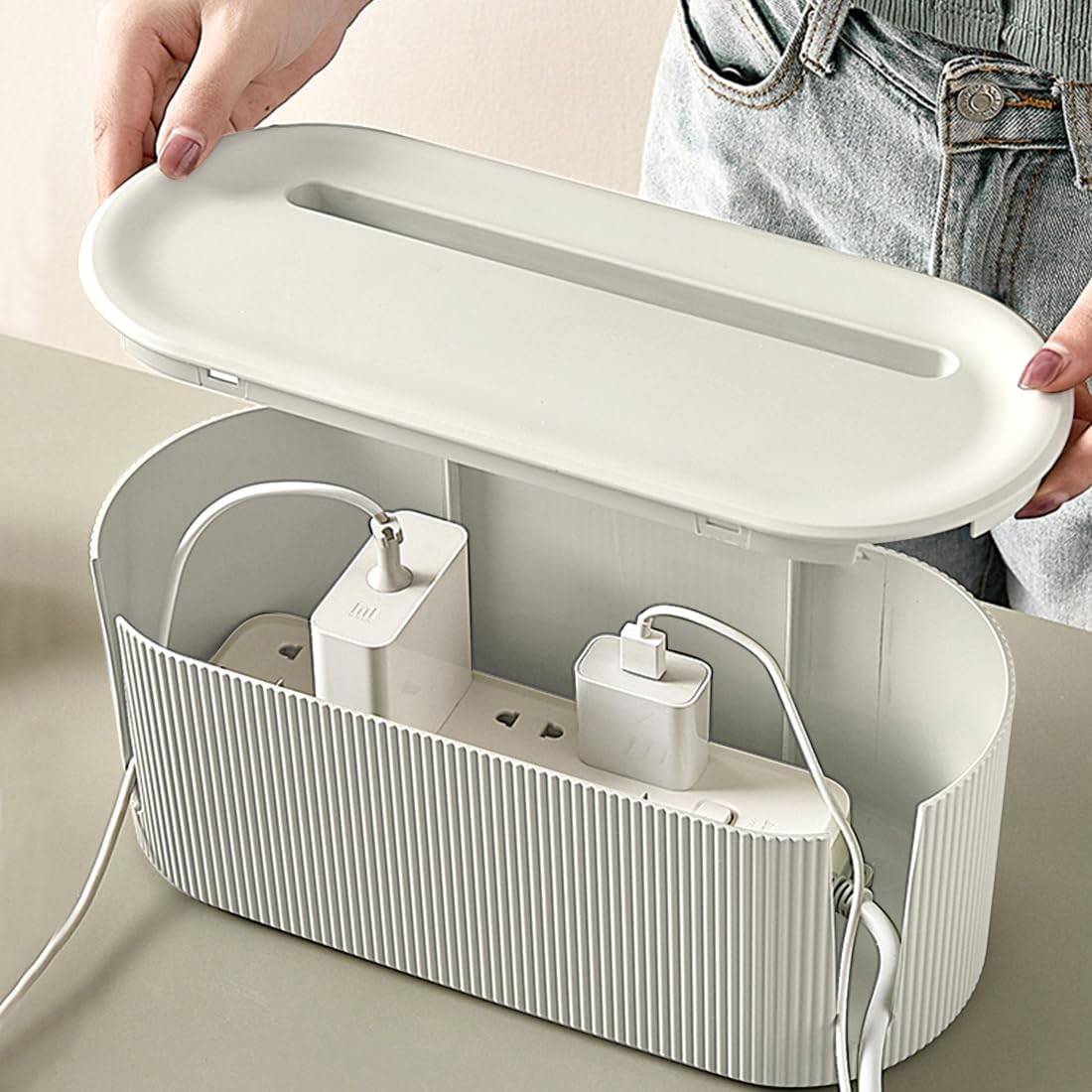 Dynus Cord Organizer Box Nordic Style Cord Box Socket Storage with Cover Household Cable Organizer Multifunctional Cable Storage Box for Powerboard, Cord, Electrical Cable, Wire, Power Strips, USB image number 5