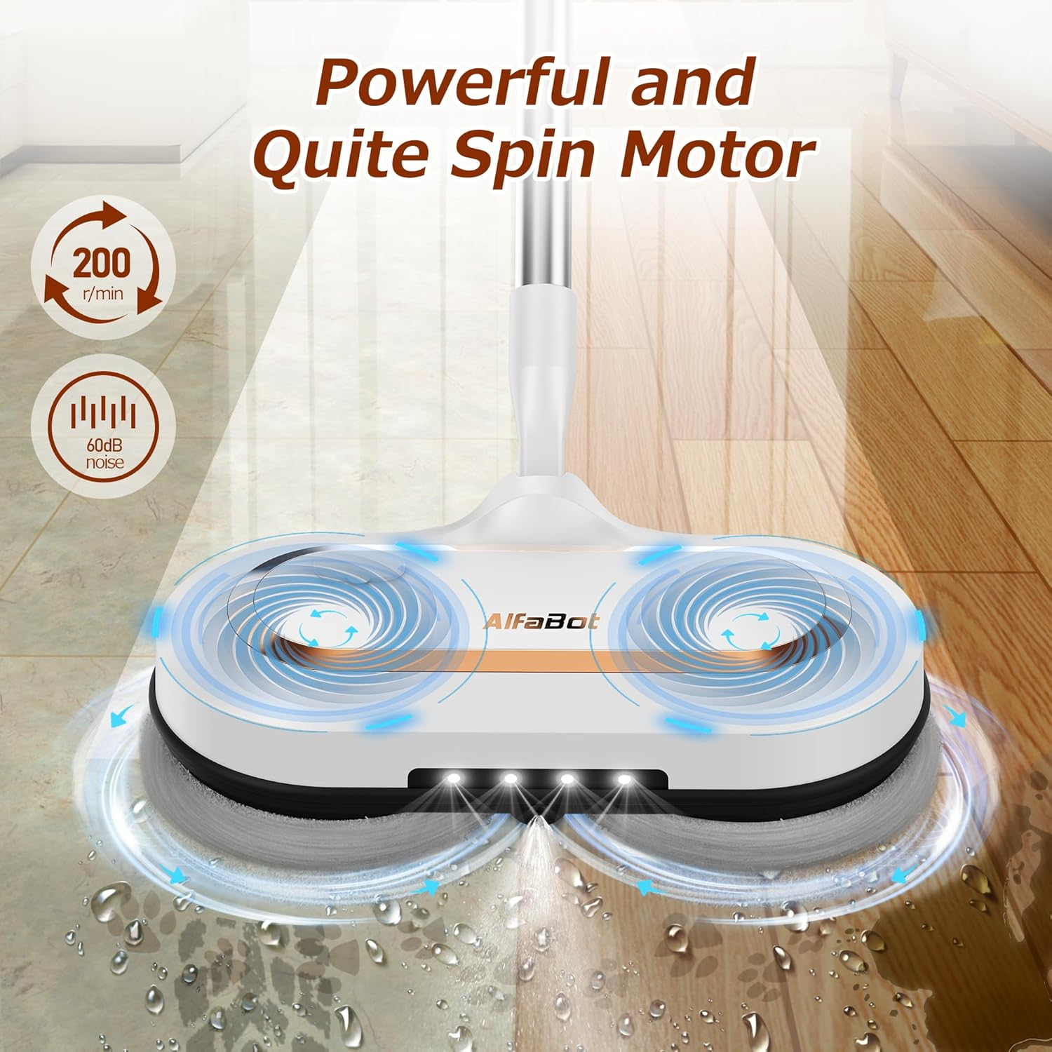 Electric Mop, Alfabot S2 Cordless Spin Mop for Floor Cleaning, with LED Headlight and Sprayer/400Ml Big Tank/60 Mins Runtime, Lightweight Floor Scrubber for Hardwood Floors, Tile, Laminate image number 3
