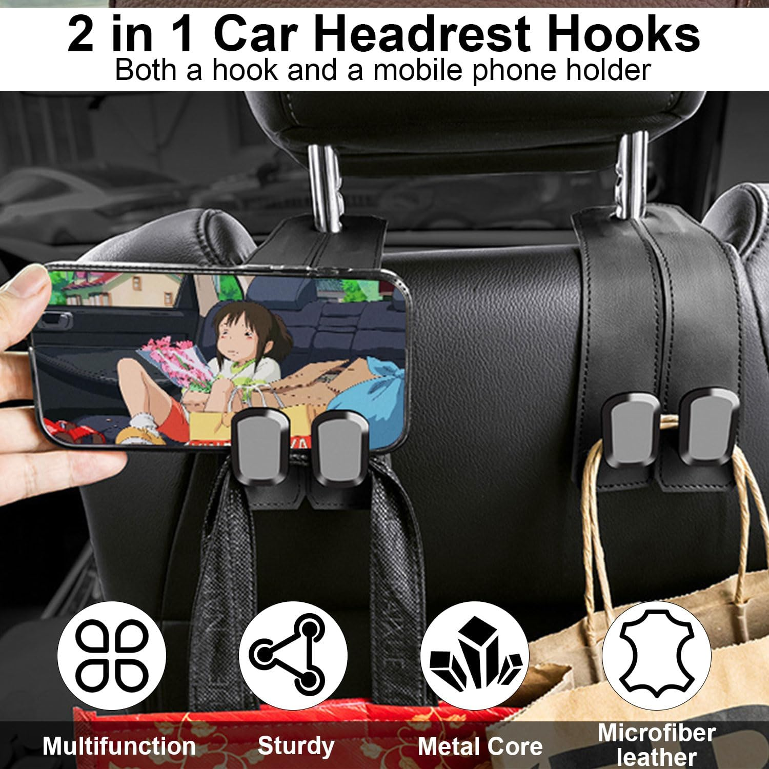 Elegananccy 2 Pack Double Car Seat Headrest Hooks, Leather Car Purse Hanger Holder for Bags, Cars Organizer and Storage Accessories for Women(Black) - Brown image number 3