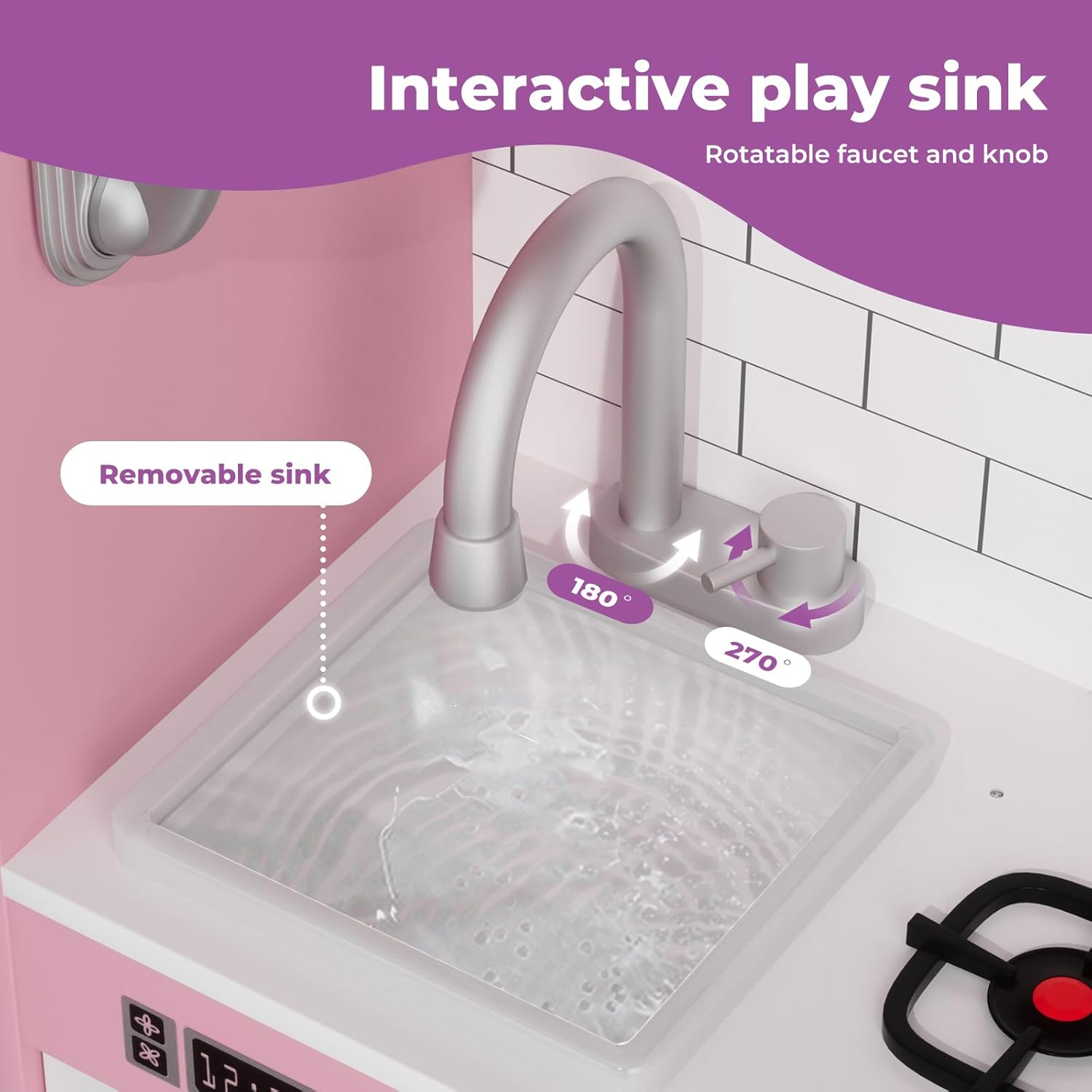 Bopeep Kids Kitchen Playset, Wooden Pretend Play Kitchen, Sink, Faucet, Stove, Microwave, Oven, Utensils, Ice Maker, Dishwasher, Towel Rack & Sweet Accessories, for Boys Girls Aged 3+, Pink image number 2