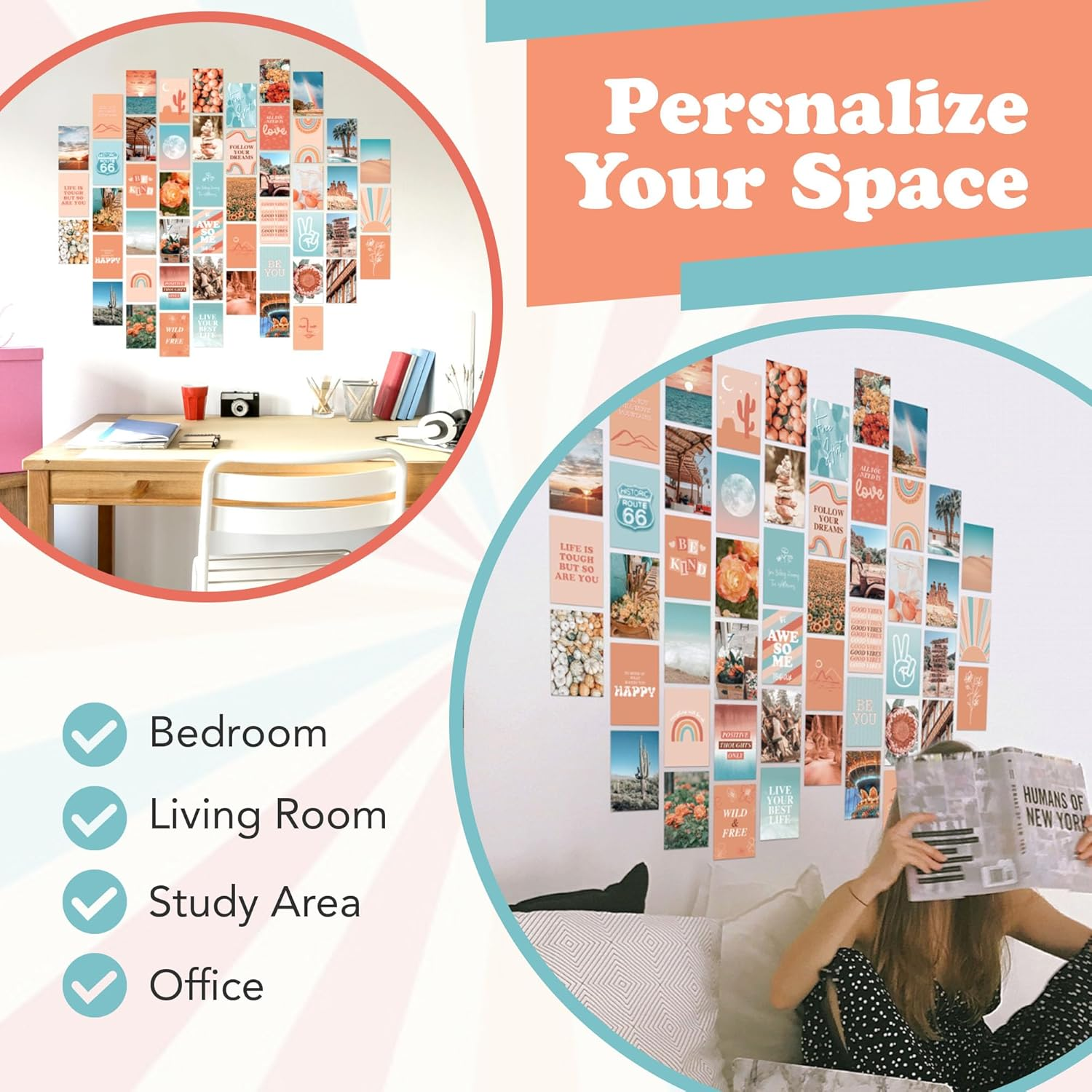 Artivo Peach Wall Collage Kit, Preppy Room Decor Aesthetic Pictures Wall Decor, Cute Picture Collage, Preppy Pictures for Wall, Teen Girls Room Decor, Cute Bedroomwall Decor, 50 Set 4X6 In image number 3