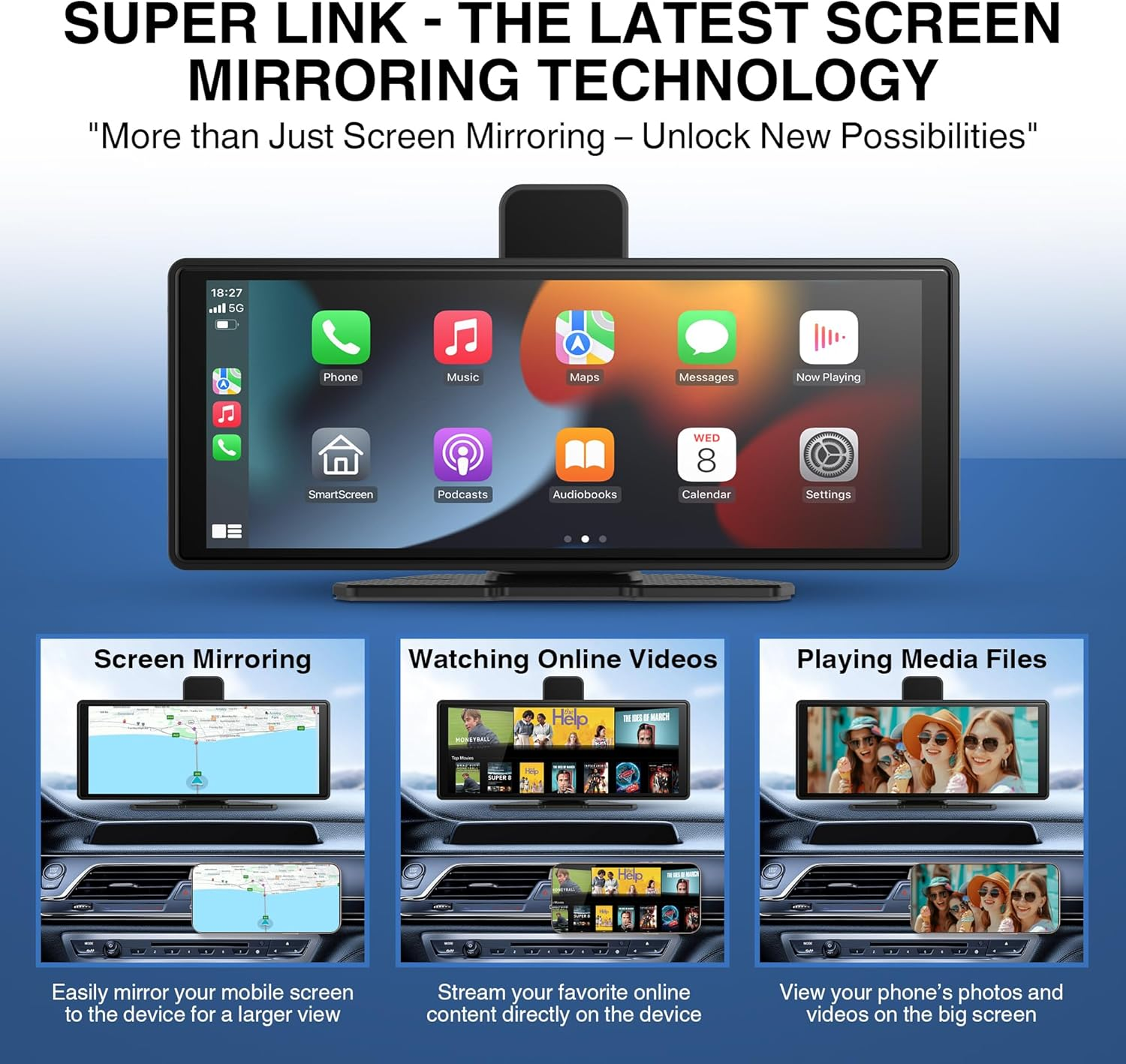 KTX 10.26 Inch Carplay & Android Auto Screen with 4K Dash Cam, Wireless Airplay, GPS Navigation, Backup Camera, Bluetooth, Portable HD IPS Display with FM/AUX &ndash; for All Cars & Trucks image number 2