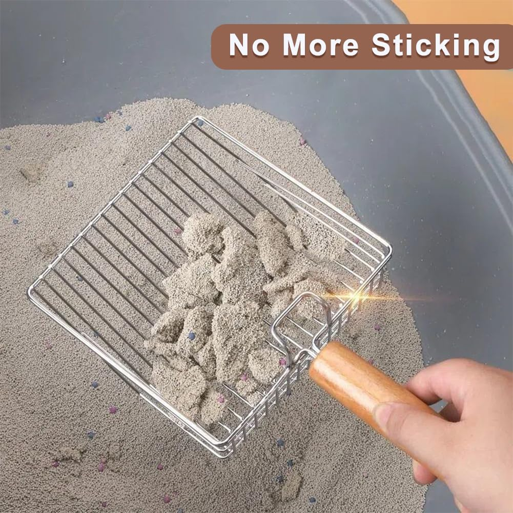 Polished Smooth Stainless Steel Durable Wooden Handle Cat Litter Scoop 7Mm Gaps Metal Garbage Shovel image number 5