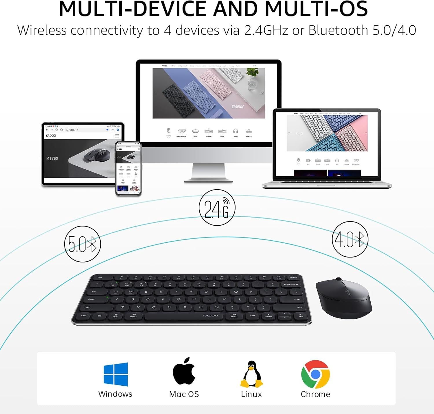 Rapoo 9010M Multi-Device Keyboard and Mouse Combo, 2.4Ghz/Bluetooth 5.0/4.0 Wireless Keyboard & Mouse Set for Windows/Mac/Linux/Chrome, Support 4 Devices, Low-Profile Silent Click, Battery Powered image number 5