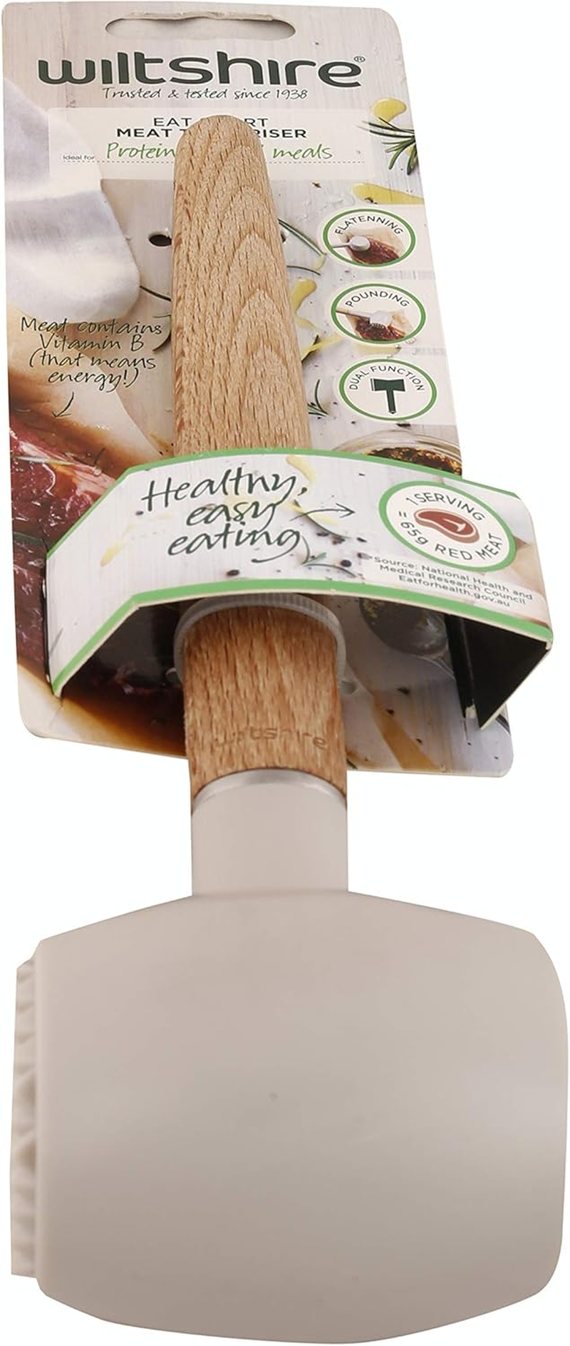 Wiltshire EAT Smart Meat Tenderiser, Double Sided Meat Mallet, Wooden Handle Kitchen Utensil, Durable Tenderising Hammer (Colour: Brown, Cream) image number 6
