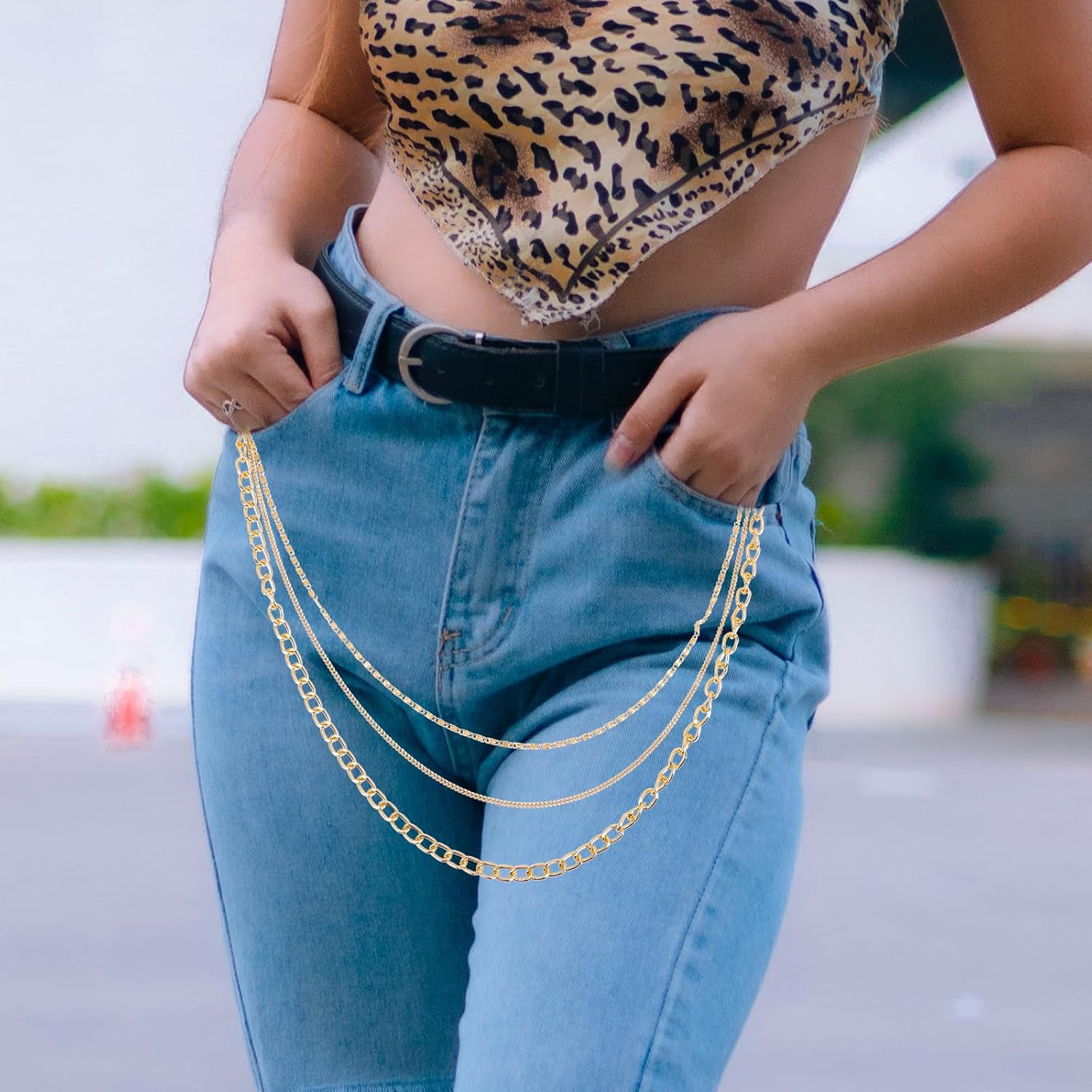 Outanaya 2Pcs Unisex Metal Pants Chain Gold Color Punk Style Wear-Resistant Hanging Chain Decorative Jeans Accessory for Men and Women Casual Pants image number 3