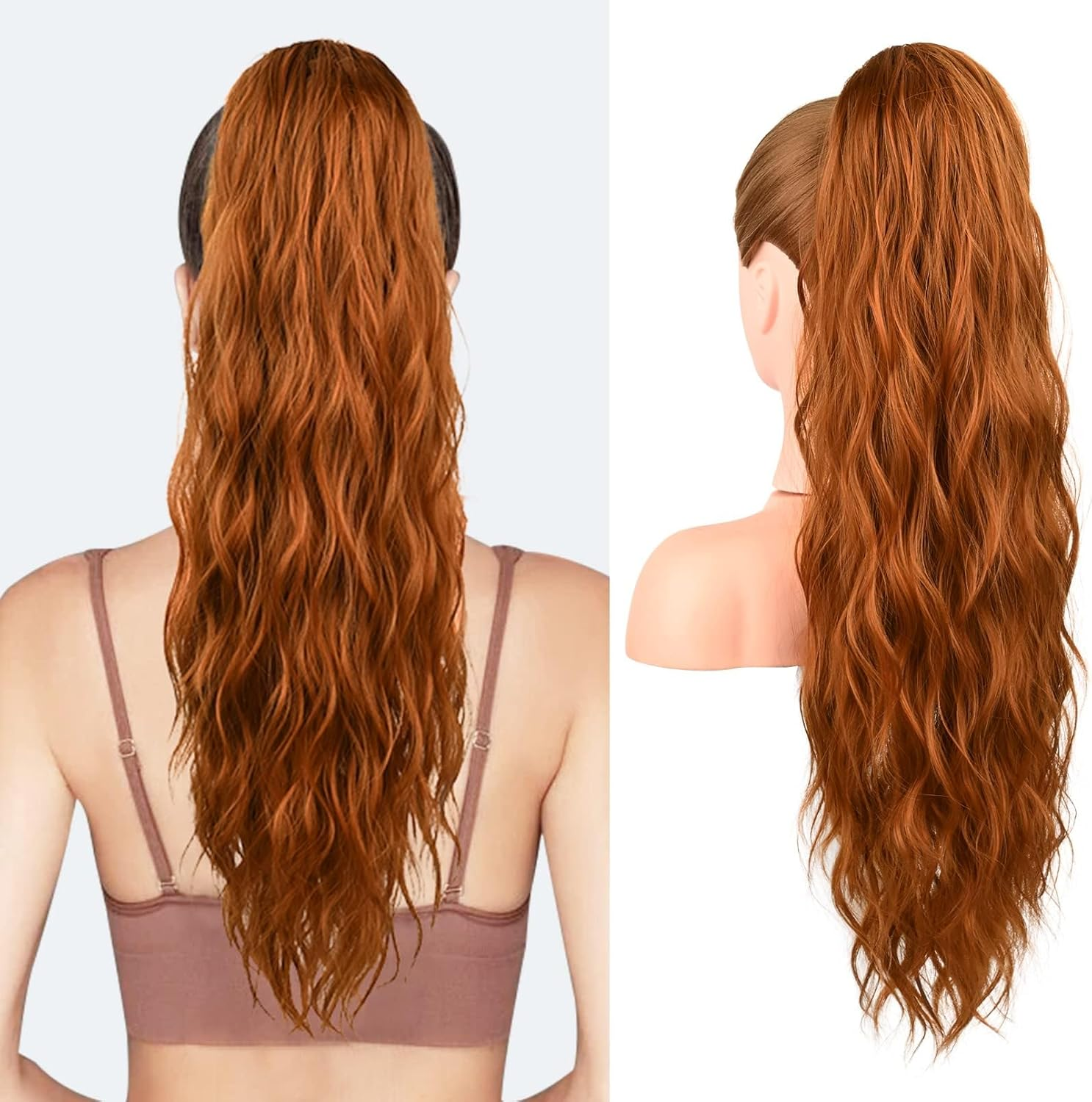 Rileryeol Ponytail Extension, 26 Inch Drawstring Ponytail Hair Extensions for Women， Long Curly Wavy Pony Tail Natural Wavy Synthetic Hairpiece for Women Daily Use Party (26 Inch Copper Red) image number 5