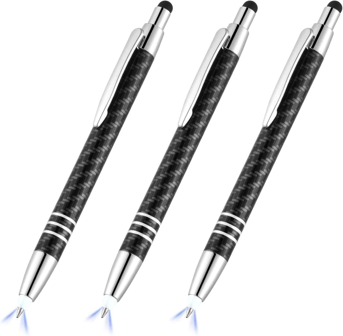 Lighted Tip Pen with Stylus 3-In-1 - LED Penlight Ballpoint Pen with Light for Writing in the Dark - Pack of 3 - White Light - GL006