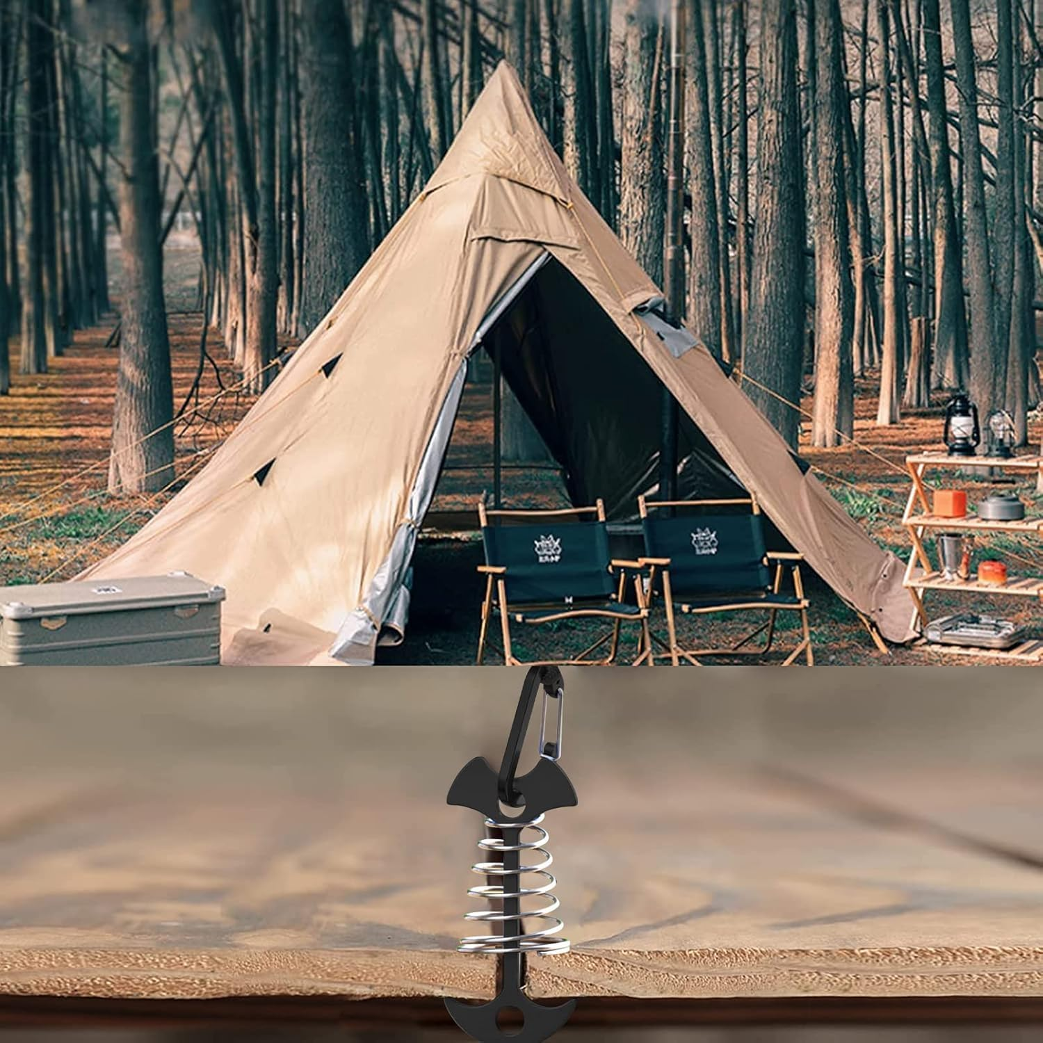 Walquicks 10Pcs Fishbone Deck Anchor Pegs, with Spring with Carabiners Aluminium Deck Tie down Tent Stakes Buckle Aluminium Deck Windproof Tent Stakes, for Outdoor Camping Hiking image number 3