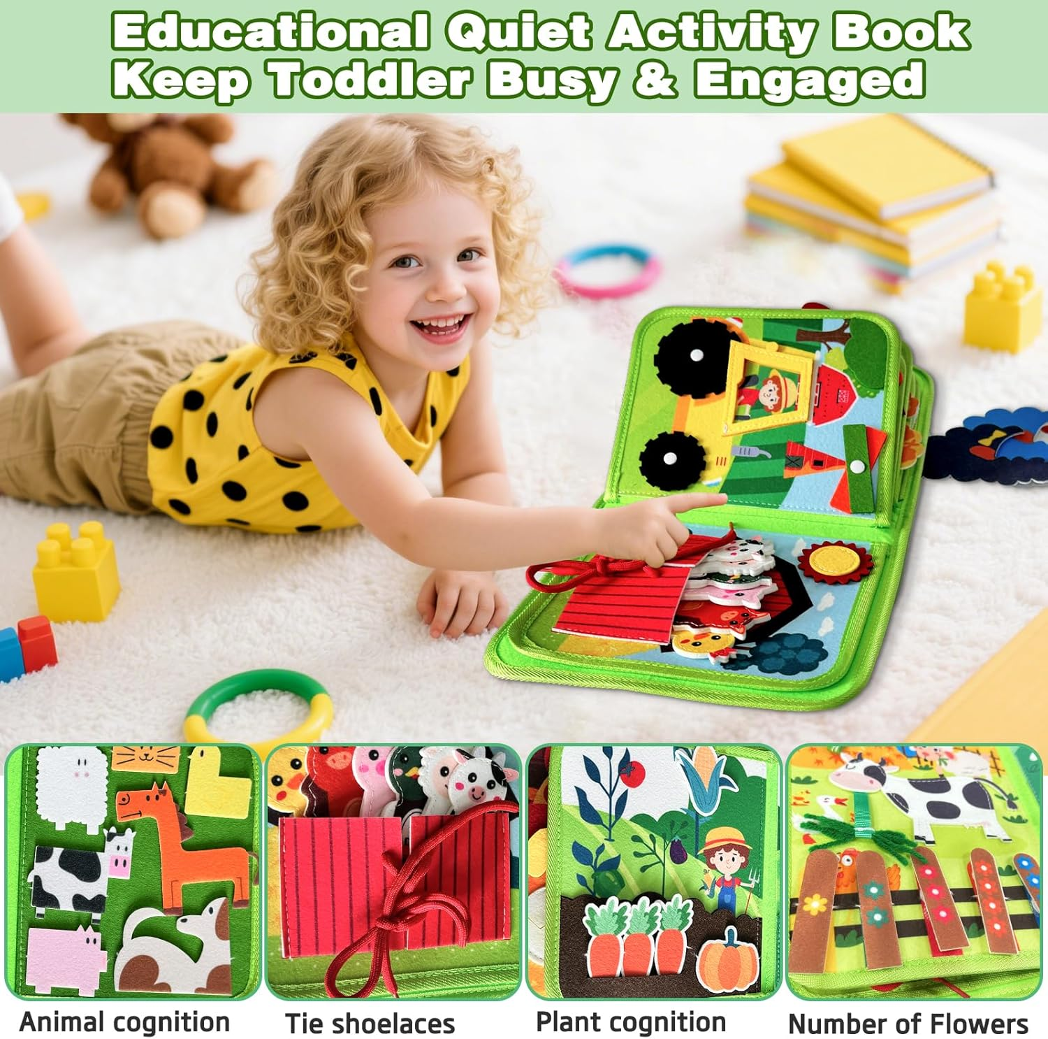 Toddler Busy Book, Farm Animal Theme Quiet Busy Books with Cognition, Sorting, Matching Function, Soft Felt Material, Montessori Busy Book for 3+ Years Old Boys Girls (Green) image number 6