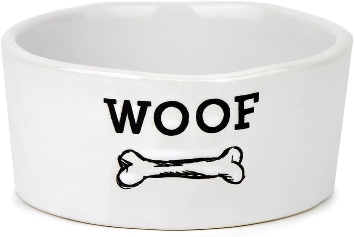 Barkley & Bella Dog Bowl Ceramic Woof Small, White - Dog Bowl, Handcrafted, Durable, Dishwasher-Safe, Heavyweight Stability