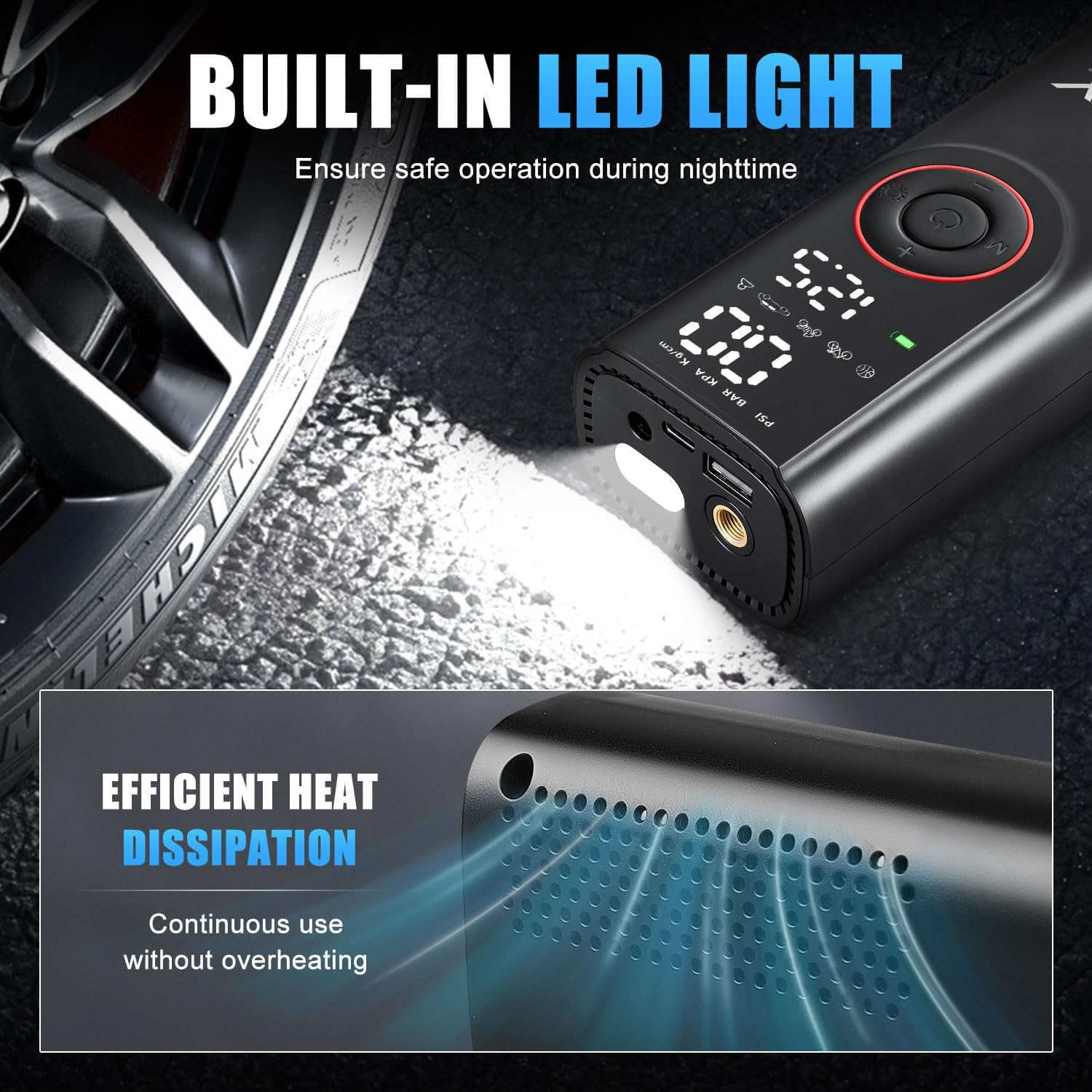 TOPEX 12V Car Tyre Inflator Portable Air Compressor Cordless Air Pump 150PSI Air Pump Dual Power Electric Tyre Pump with LED Light & LCD Display for Car/Motorcycle/Bike/Ball/Custom image number 6