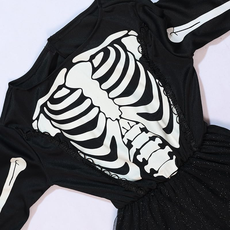 Halloween Skeleton Witch Costume with Pointed Hat,Glow in the Dark,Halloween Holiday Dress Long Sleeve for Girls image number 2