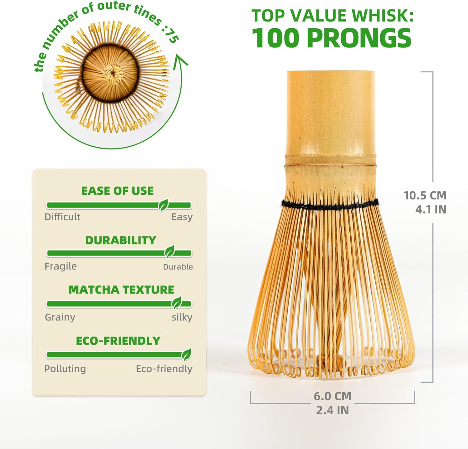 TEANAGOO Matcha Whisk, Matcha Set Bamboo Matcha Whisk (100 Prongs) with Holder, 4-Pcs Traditional Starter Set, Scoop (Chashaku), Tea Spoon, Bamboo Chasen for Making Latte, Gife for Friend/Family image number 1