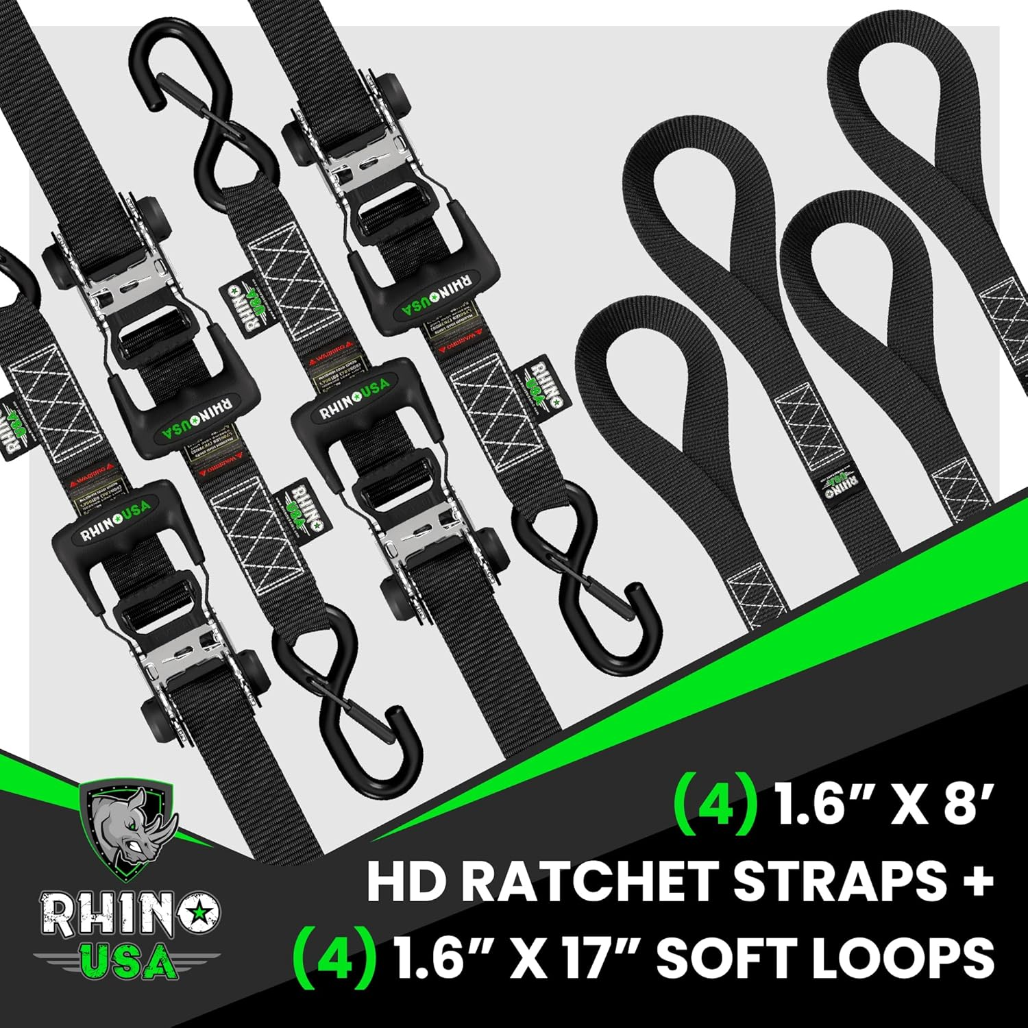 Rhino USA Ratchet Straps Heavy Duty Kit (4-Pack) - 1.6 Inch X 8 Feet (5,208Lb Break Strength) - Ultimate Tie down Straps with Safety S Hooks for Trucks, ATV, UTV, Motorcycle, Cargo & More - Black image number 1