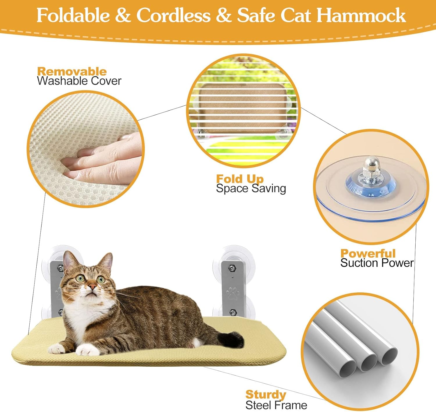 Foldable Cat Window Perch, Cordless Cat Windows Hammock with 4 Strong Suction Cups, Window Cats Beds for Indoor Inside, Large Cats Seat Windowsill Safety with Sturdy Metal Frame Soft Cover image number 4