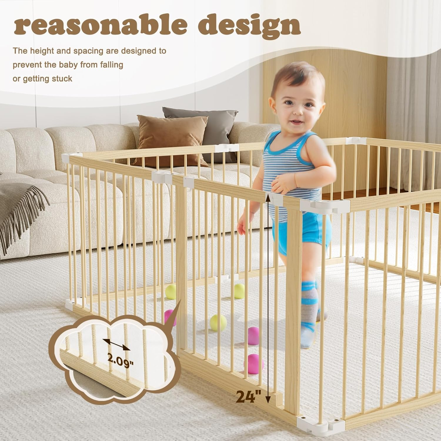 Folding Wooden Baby Playpen, Large Size Adjustable Baby Playard for Babies and Toddlers with Safety Gate, Play Fence for Indoor or Outdoor image number 2