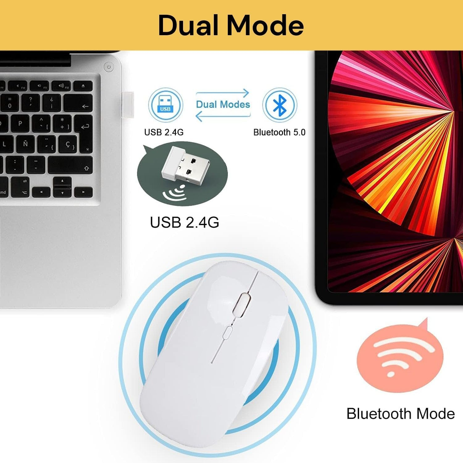 EZONEDEAL 2.4Ghz Wireless Bluetooth Mouse, Dual Mode Slim Rechargeable Wireless Mouse Silent USB Mice, 3 Adjustable DPI, Compatible for Laptop Windows Mcbook Android PC Computer (White) image number 4