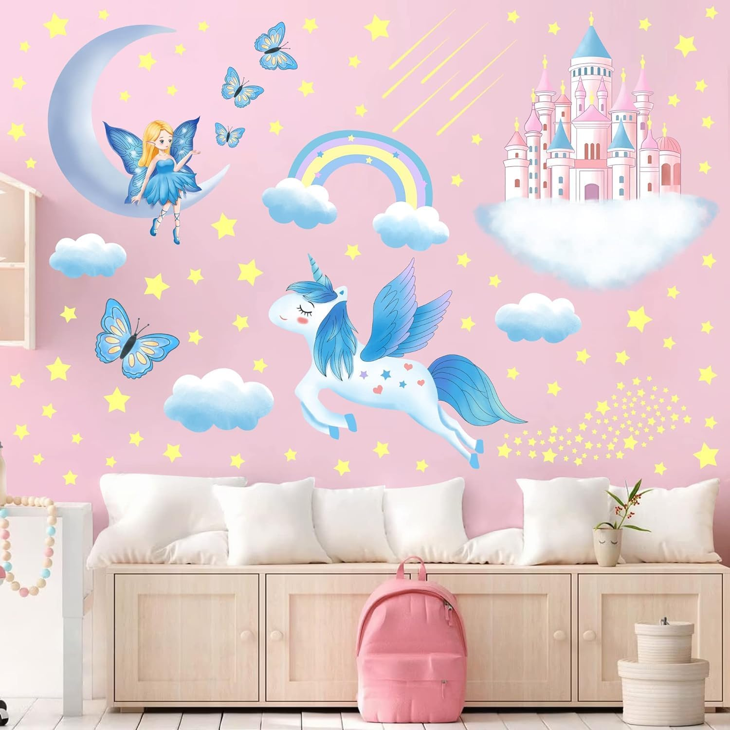 Glow in the Dark Stars for Ceiling,Unicorn Wall Decals Stickers for Girls Bedroom Glow in the Dark Stickers Vinyl Unicorn Castle Room Wall Decor for Baby Kids Girls Nursery Playroom Mural